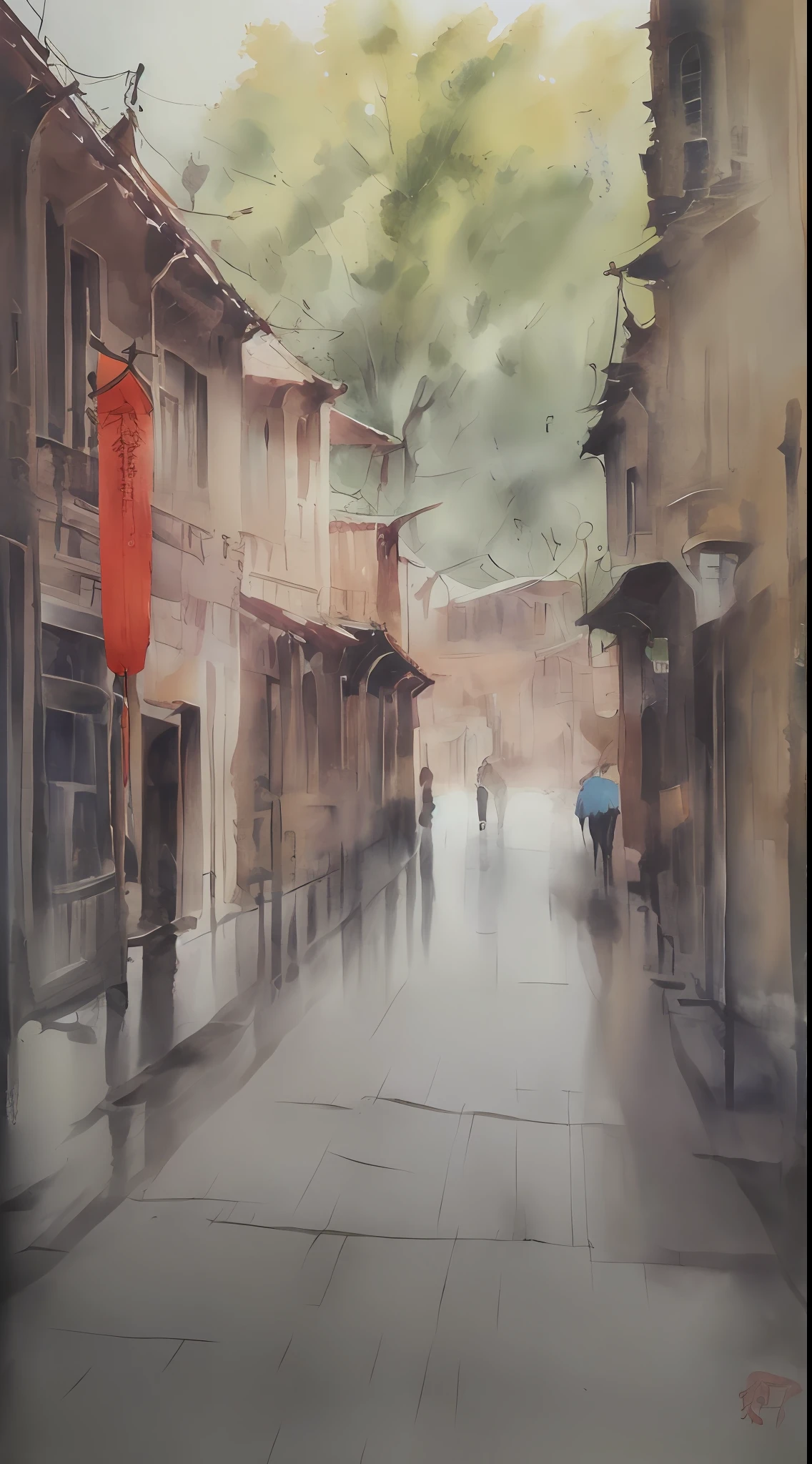 Watercolor painting, small path of Chinese rural houses, trees, bright sun, shade, --auto