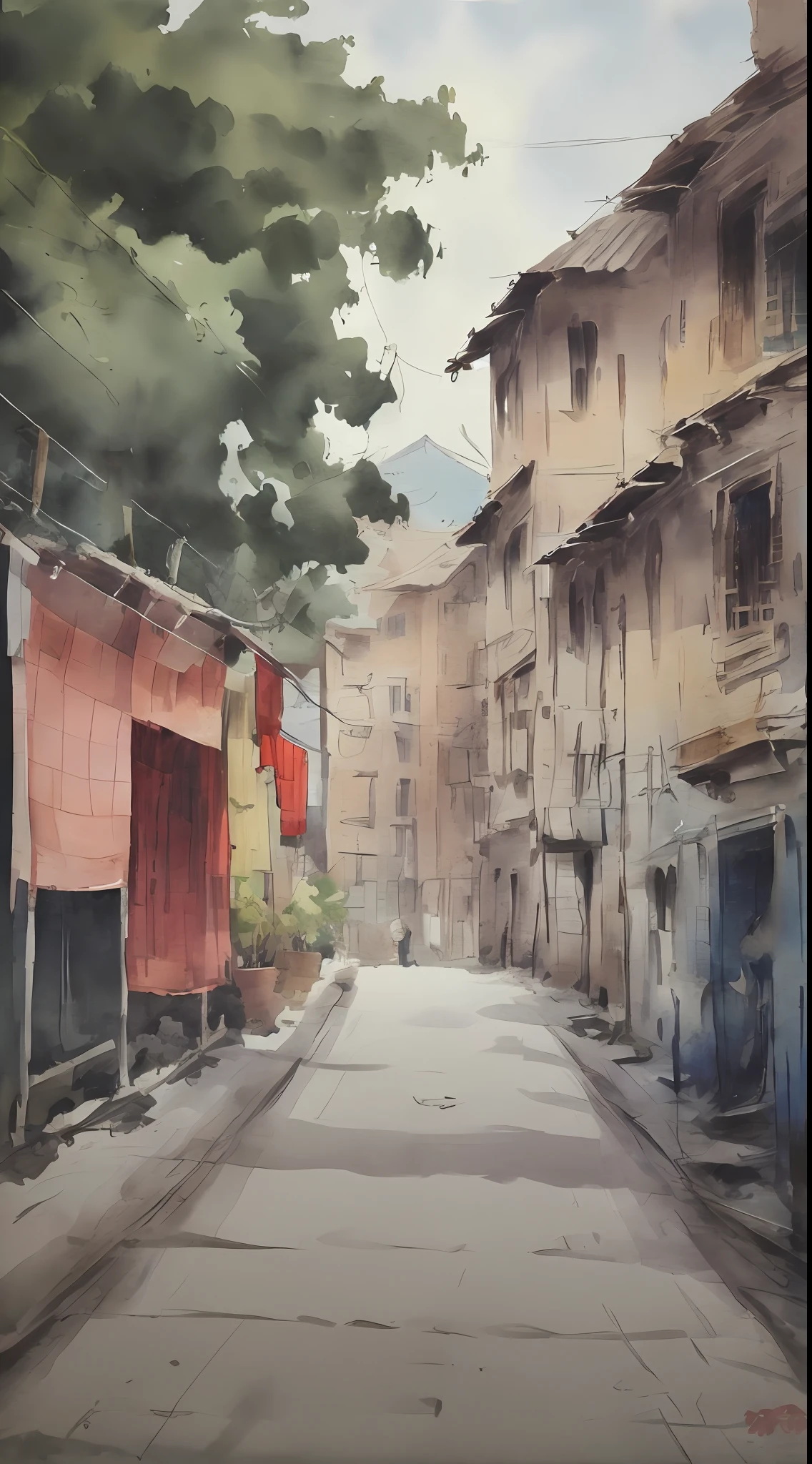 Watercolor painting, small path of Chinese rural houses, trees, bright sun, shade, --auto