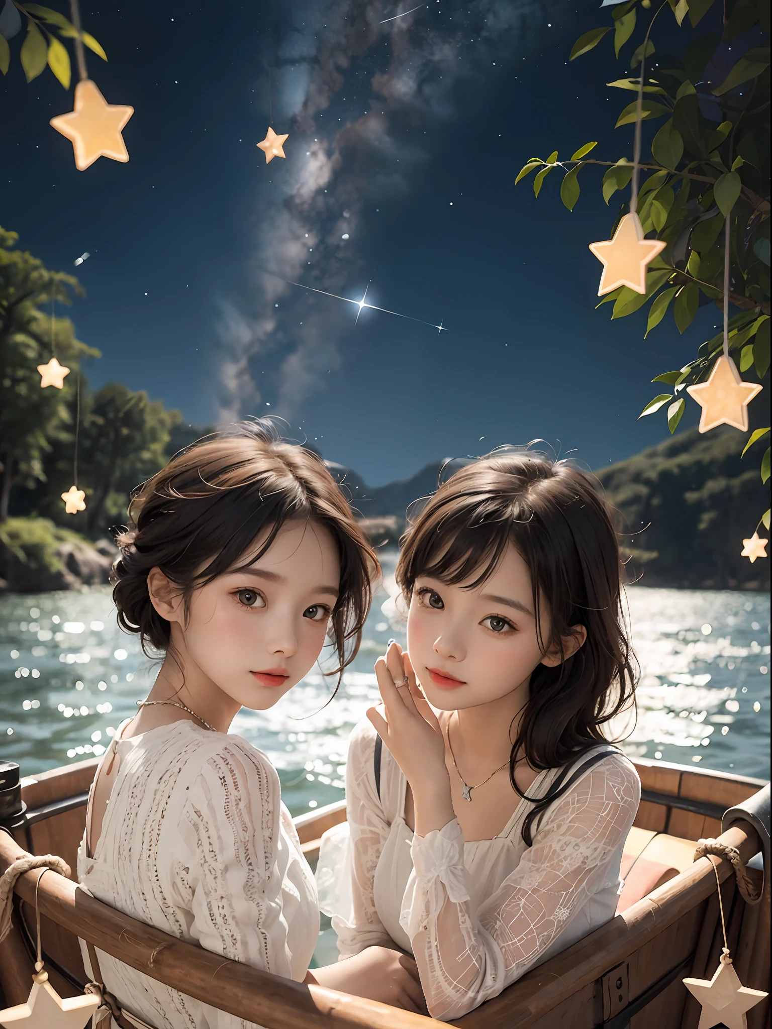 Two children sitting on a boat,There are stars in the sky, With stars, stars shining, cute artistic style, Guviz-style artwork,, beauttiful stars, cute artwork,, Twinkling stars, boys and girls, photo realistic style