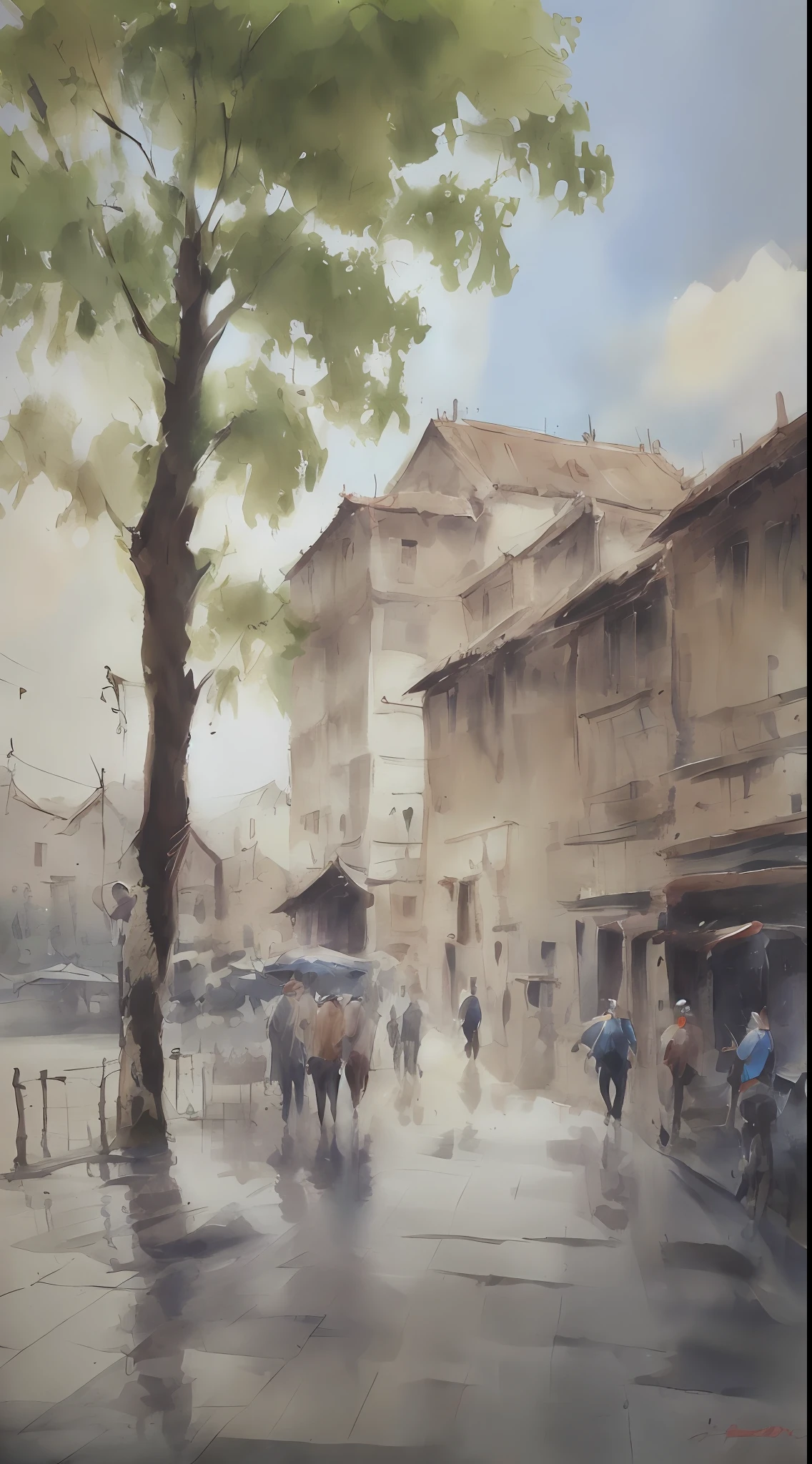 Watercolor painting, small path of Chinese rural houses, trees, bright sun, shade, --auto