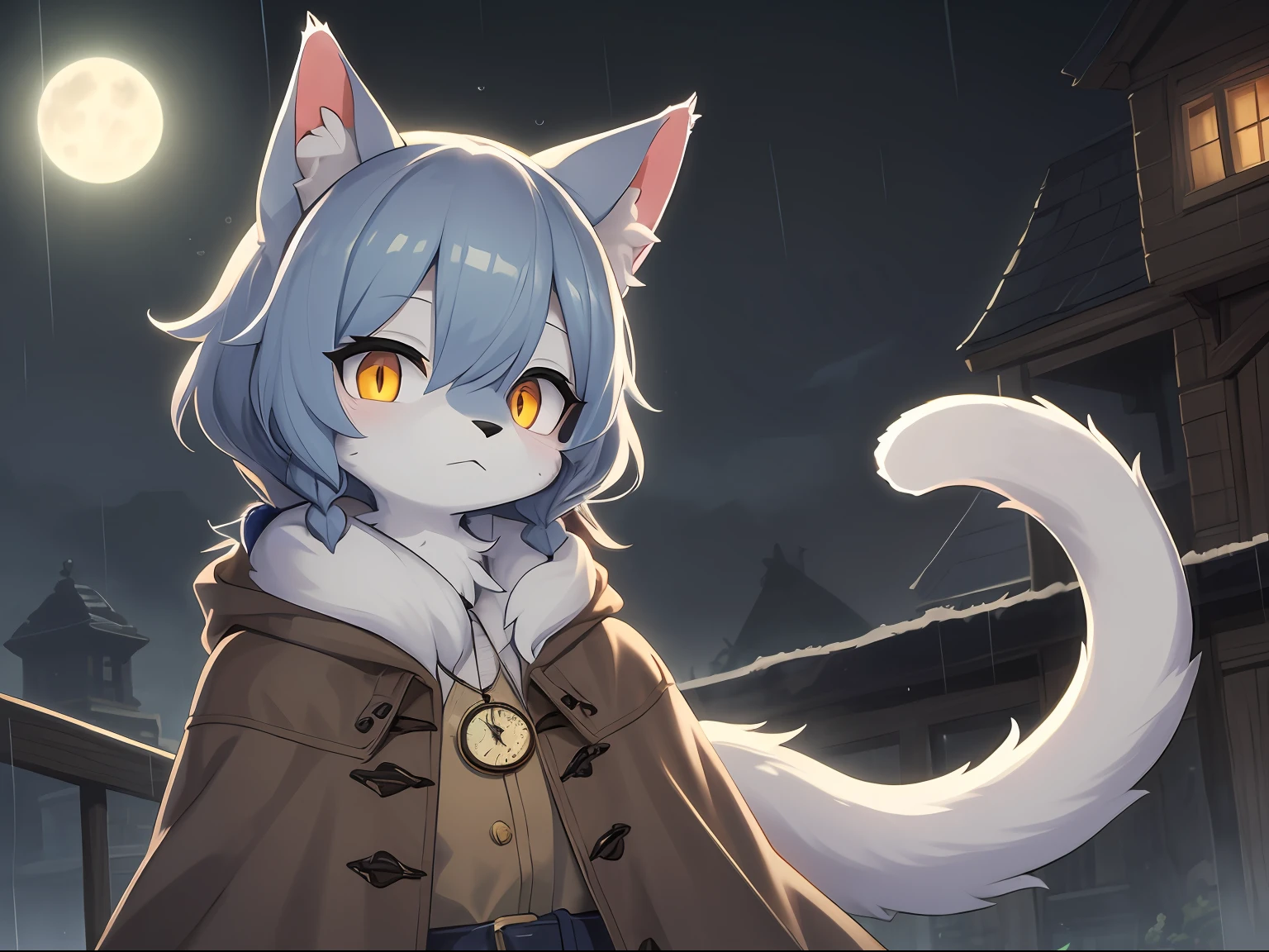 Cat boy,was hairy,shaggy,Skin fur,Smoothes lashes,Indigo fur,Forelimb hands,Short hair in men, Low twin braids' hair is scattered,solid circle eyes,Indigo ears,Indigo fur,Indigo facial fur,Short indigo hair,Hairline, Shiny hair, Wavy hair,Golden eyes,Super cute face,Cat tail,Fluffy tail,furry tail, Expressionless,Glowing eyes,Pocket watch in hand,Brown cape,Brown trench coat,ambientlight,Ultra-fine fur,volumettic light,dashed eyes, bangs, Under the rain,In the rain,Drizzle,Wet with rain,Wet hair,rainy outside,lightand shade contrast, ultra high def, 巨作, High quality, high-details, Best quality,Castle background,Night,full moon,intergalactic,独奏