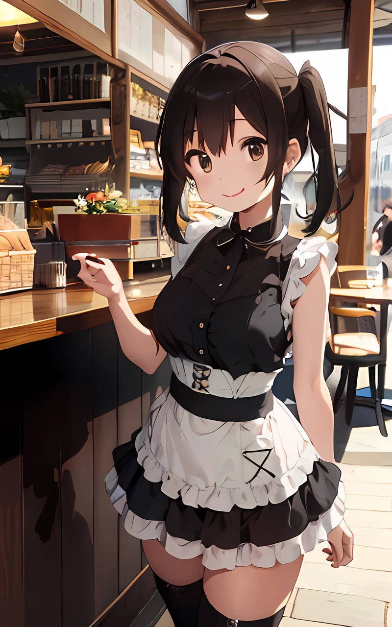 最好质量、1girl in、maid、garterbelts、sora、a cute 、Lustrous skin、24 years old、Shines、High contrast、Tempting、Sensual milf, Working in a café,Stylish café、 big tit、White blouse、Black skirt、Sleeveless、White headband、twintails、short cut hair、Random angles、Smiling and mouth closed、Brown hair、Very beautiful eyes、Brown eyes、Attractive thighs、Cute costumes