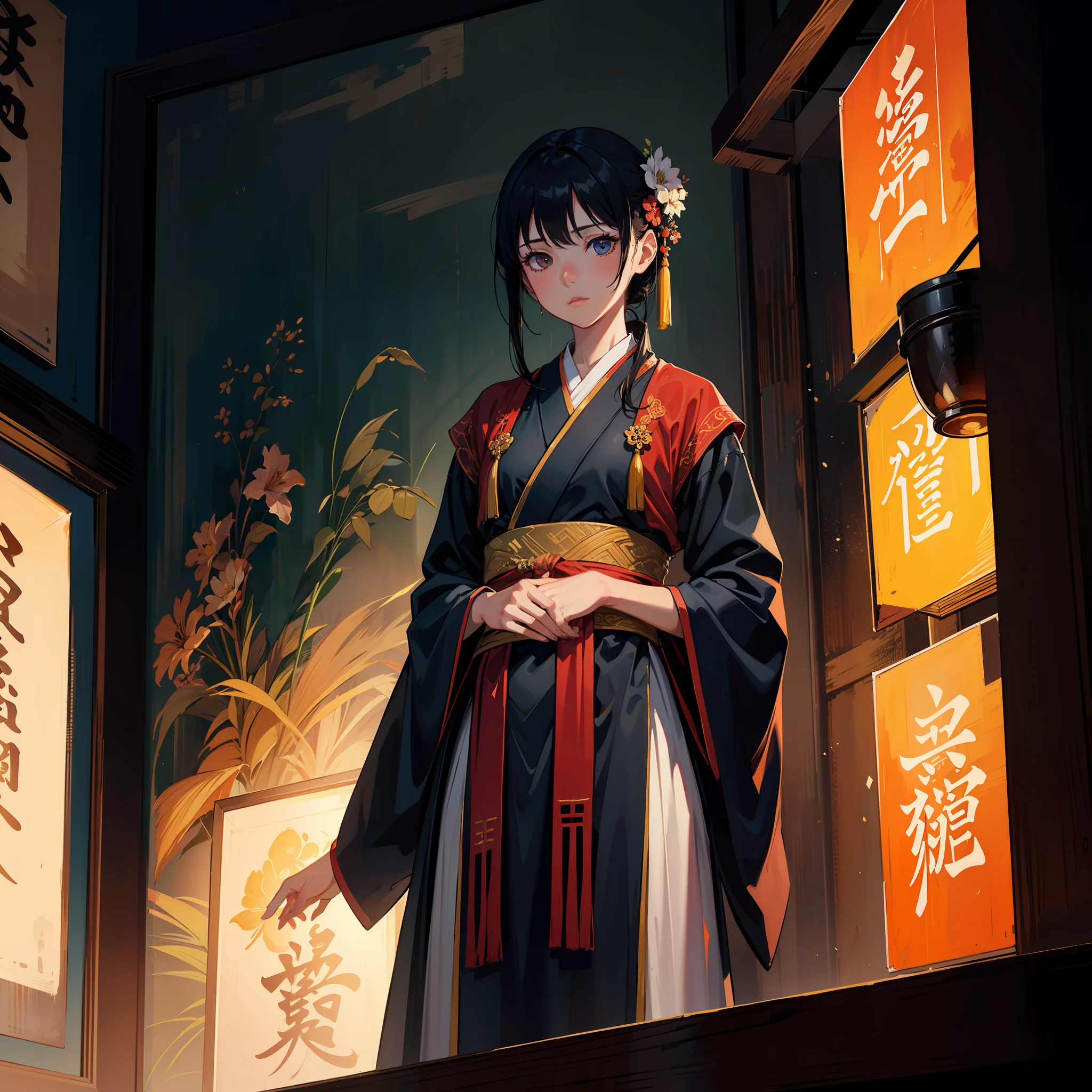masterpiece,best quality,1girl,solo,hanfu,glowing,the_flash,afk,dramatic light and shadow,pottsness,oil painting \(medium\),east_asian_architecture,
