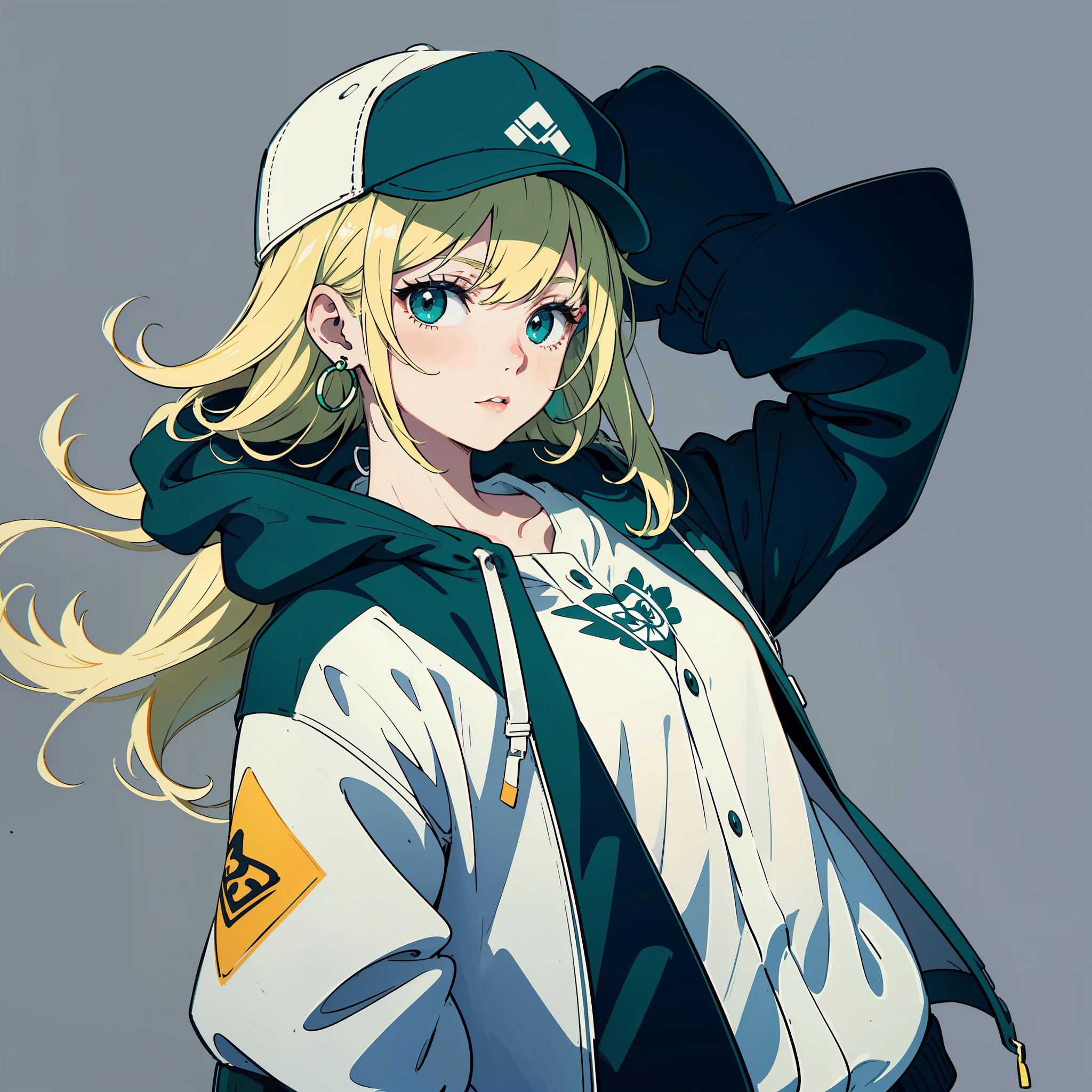 anime drawing of a girl sporting a hat and cap with long blonde hair, 1girl, solo, hat, jewelry, earrings, long hair, baseball cap, jacket, hood, hood down, simple background, green jacket, upper body, green headwear, grey background,low contrast, chromatic aberration, high contrast, flat color, limited palette, ligne claire