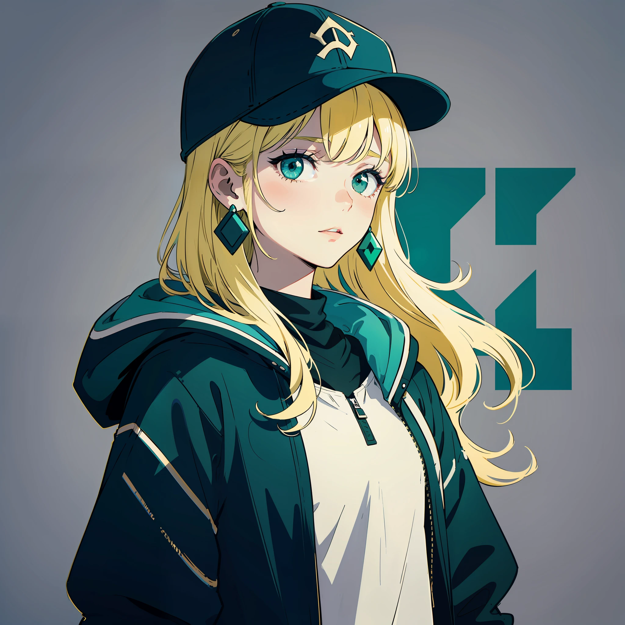 anime drawing of a girl sporting a hat and cap with long blonde hair, 1girl, solo, hat, jewelry, earrings, long hair, baseball cap, jacket, hood, hood down, simple background, green jacket, upper body, green headwear, grey background,low contrast, chromatic aberration, high contrast, flat color, limited palette, ligne claire