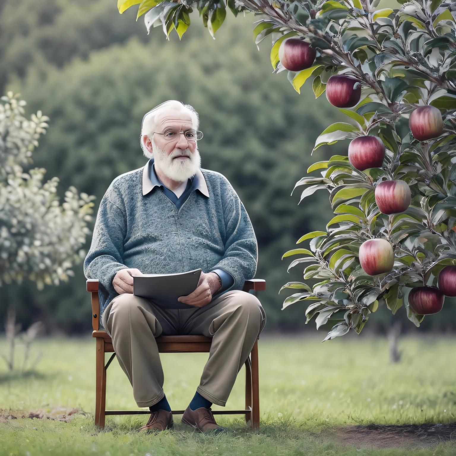 WHITE BEARDED OLD MAN SITTING ALONE NEXT TO AN APPLE TREE FULL OF APPLES -8k with two legs --auto