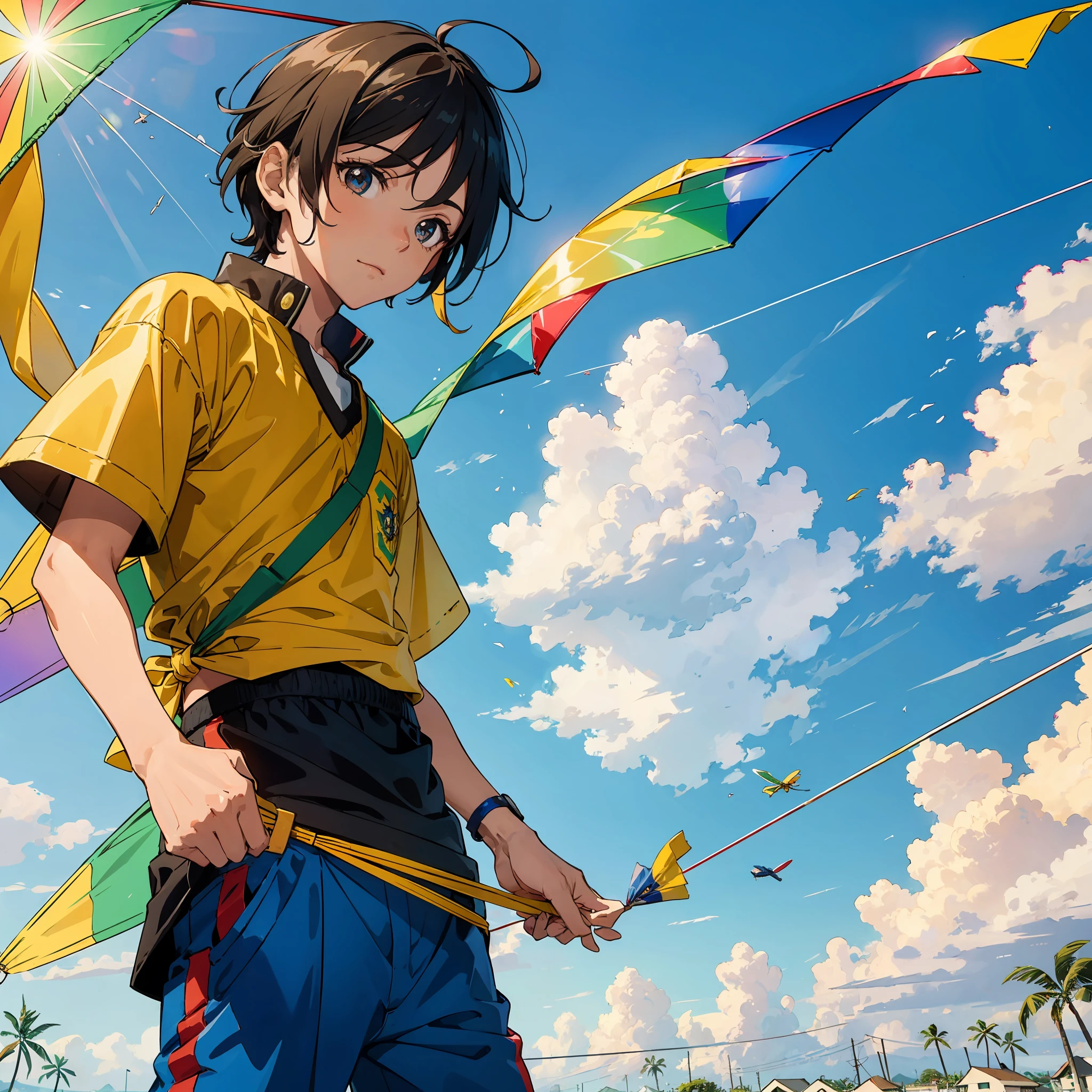 cidade do rio de janeiro futuristica, com a bandeira de brasil de mundo, com um menino de fundo jogando com uma bola futuristica --auto