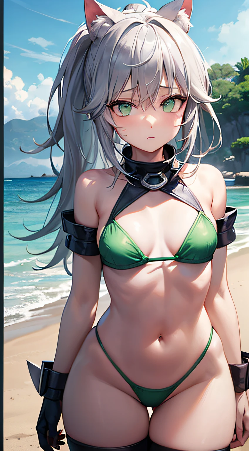 Movie angle, depth of field, (viewing viewer), (front right: 1), (standing photo: 1), cat eared girl, (solo),silver hair,(white skin:1), (curvaceous:1.2), (wide hips:1.1), girl with cat ears, (beautiful beach background), (coast background: 1.4), (coast background: 1.4), (green clothes), (bare shoulders, green micro bikini), ( Green T-back panties: 1.2), (green glove armor: 1.2), sharp claws, detailed horns, green choker, green thigh-high boots, (ponytail, hairs between the eyes), (silver-haired), green eyes), (flat chest: 1.2), expressionless, stunned, sleepy, wakame