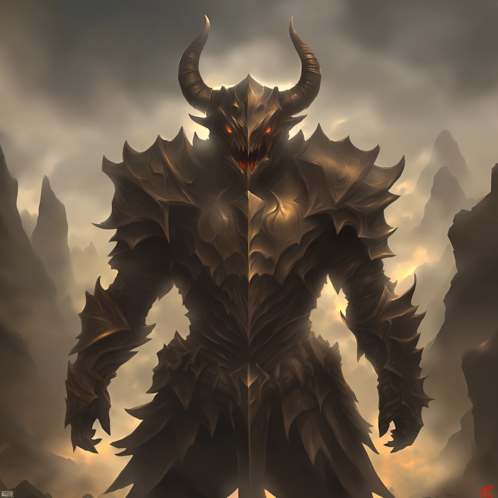 Black armor, horns, monster mouth, standing forward, evil aura, ((Wallpaper extremamente detalhado 8k)), ((bons destaques)), ((Perfect Ratios)), (cores complementares)