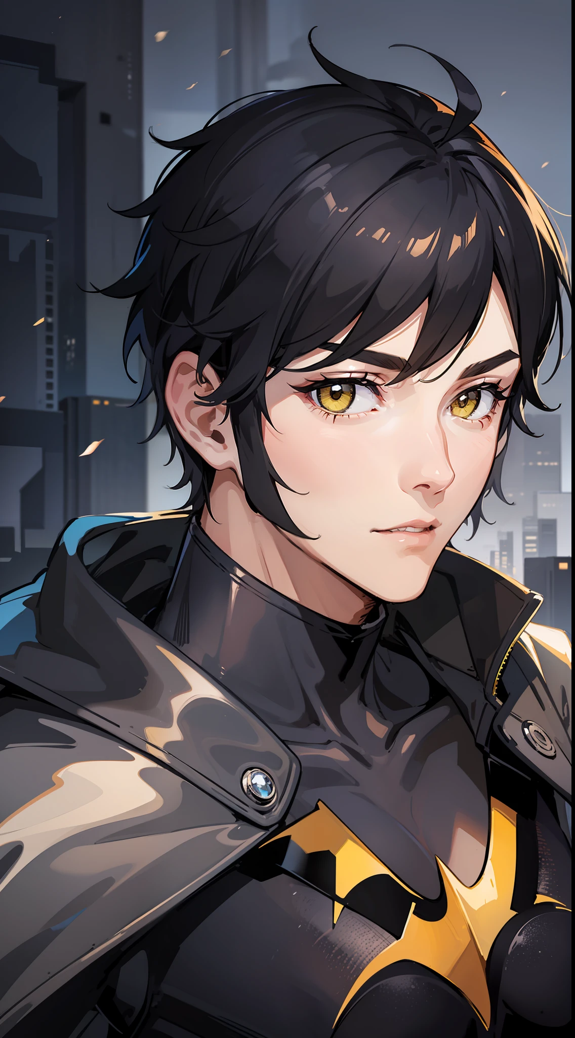 Tall guy, Short black hair, Yellow eyes, Batman, Masterpiece, high qulity