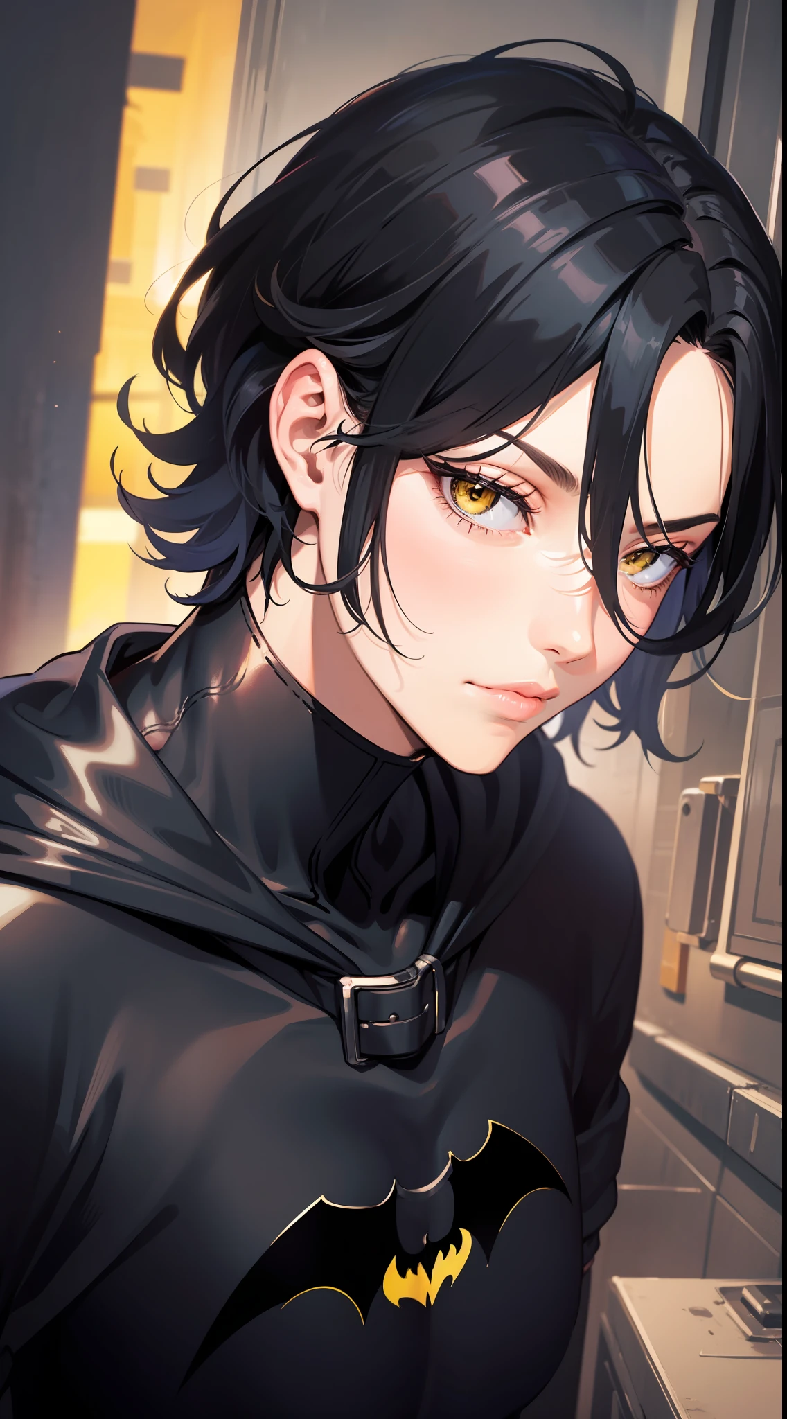 Tall guy, Short black hair, Yellow eyes, Batman, Masterpiece, high qulity
