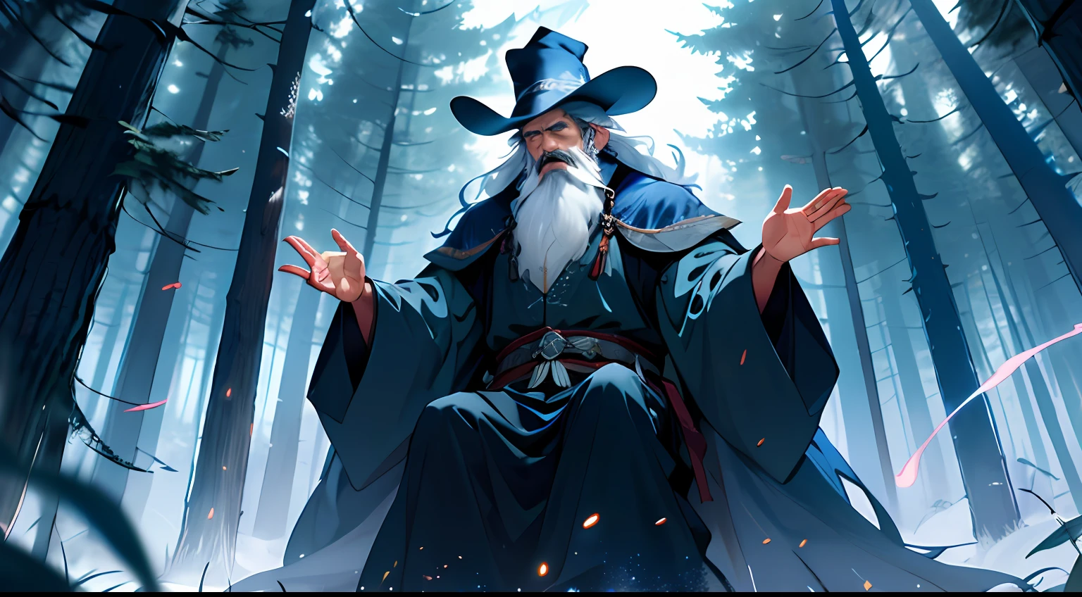 "Un puissant sorcier avec un long, flowing beard and a pointed hat stands in a dark, mystical forest. The wizard raises his hands and chants an