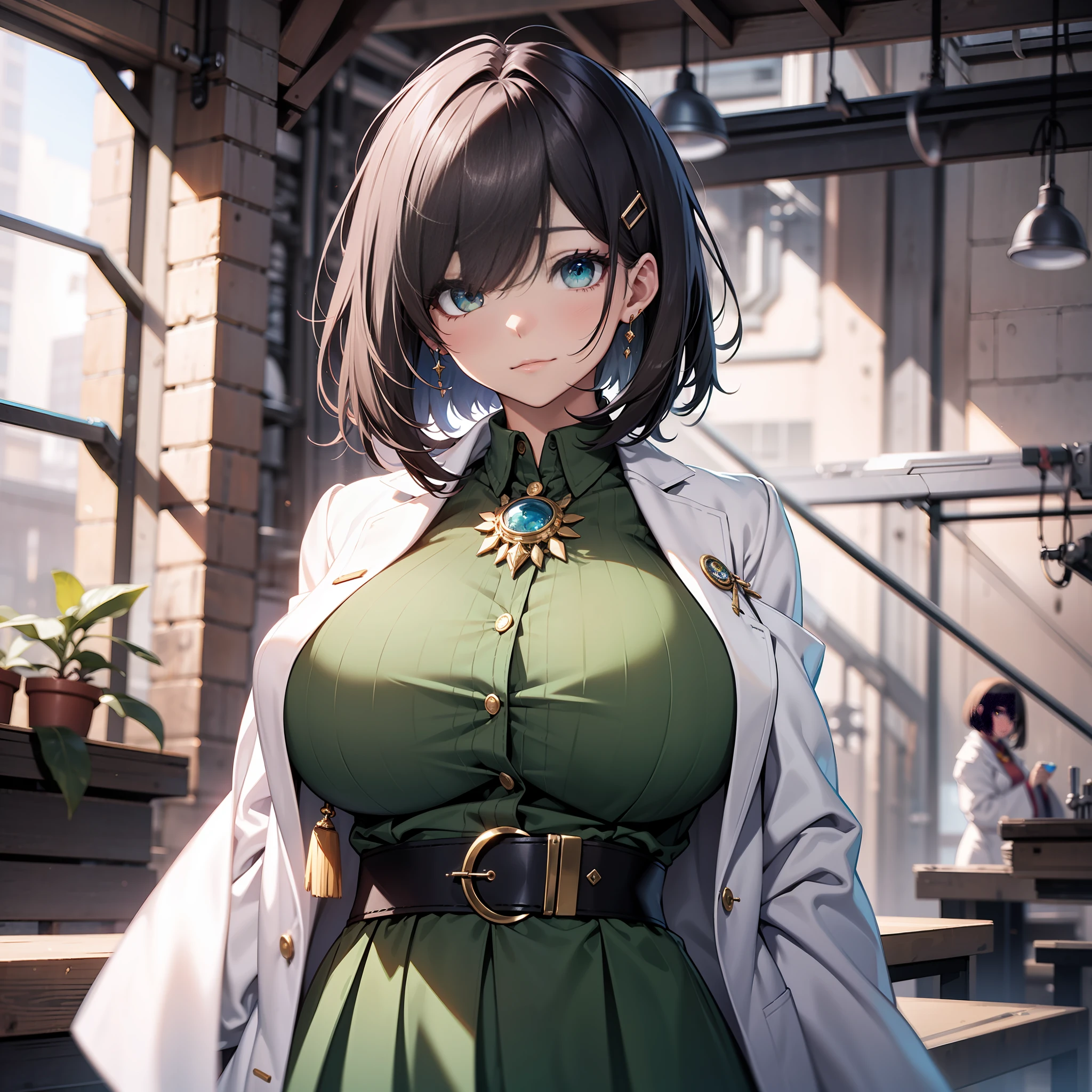 researcher、Hanging eyes、Increased hair volume、bob cuts、white robes、HugeBoobs、brooch、Green Shirt、Long skirt、Modern laboratory、