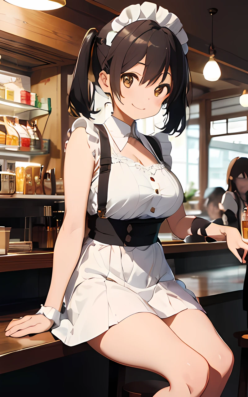 最好质量、1girl in、maid、garterbelts、sora、a cute 、Lustrous skin、24 years old、Shines、High contrast、Tempting、Sensual milf, Working in a café,Stylish café、 big tit、White blouse、Black skirt、Sleeveless、White headband、twintails、short cut hair、Random angles、Smiling and mouth closed、Brown hair、Very beautiful eyes、Brown eyes、Attractive thighs、Cute costumes、24years old