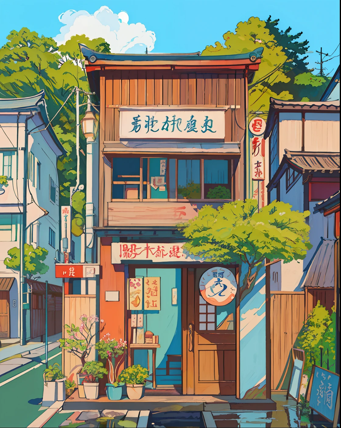 Una pintura de un edificio con un letrero que dice el nombre de un restaurante, Estilo de dibujos animados japoneses, japanese art style, Ciudad japonesa, Tokio - Ciudad de estilo, japanese illustrator, Ciudad japonesa, Arte de fondo del anime, Calle japonesa, studio ghibli art style, traditional Japanese conceptual art, japanese neighborhood, Estilo realista de anime 3D, Arte Lofi, lo-fi illustration style