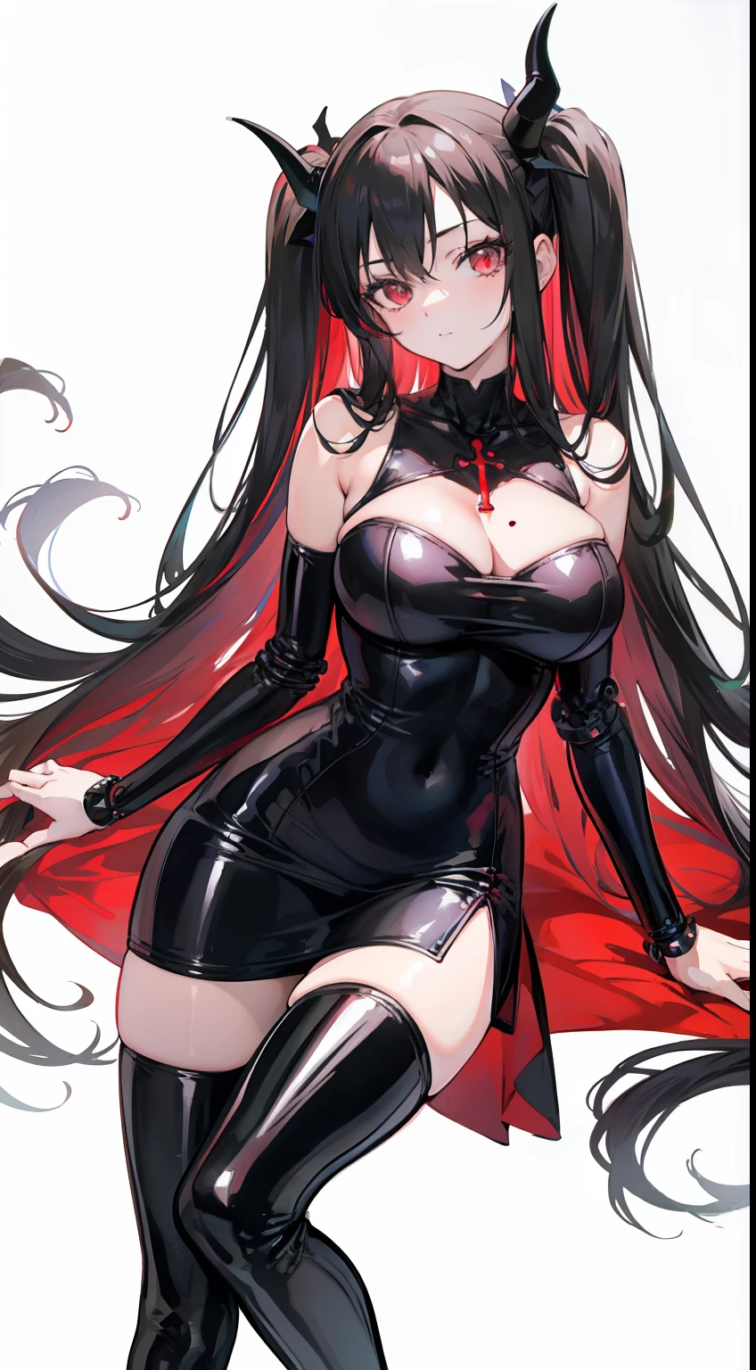 anime girl in black latex with horns and red eyes, seductive anime girl, biomechanical oppai, oppai cyberpunk, anime girl wearing a black dress, rin tohsaka, with a large breasts, succubus in tight short dress, marin kitagawa fanart, anime moe artstyle, oppai, by Jin Homura, with large breasts, white background, only character, full appearance from head to toes