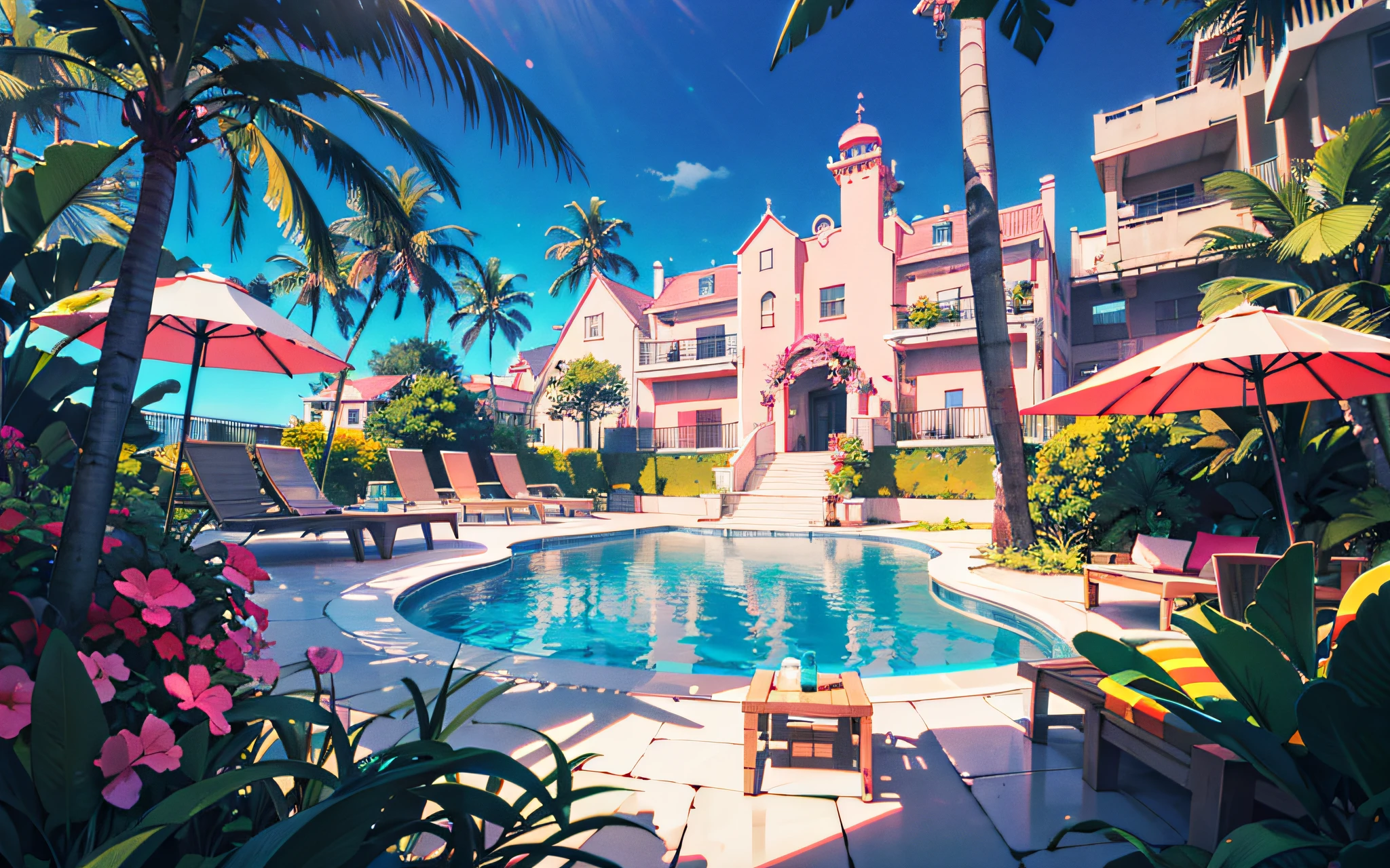 The pink castle is on the right,There is a swimming pool with sun loungers in the middle of the castle,There are stairs, vaporwave mansion, in a candy land style house,Pink beach loungers on the left side of the pool,Surrounded by coconut palms and grass,Plenty of sunshine,beautiful weather,Bright colors,Pink World,vaporwave mansion, jen bartel, Relaxing concept art, Stylized concept art, 3 d render stylized, rossdraws global illumination, art deco outrun anime aesthestic, Resort, ross tran. scenery background, stylized 3d render, author:Seb McKinnon, 3 d stylize scene,Pink coconut tree