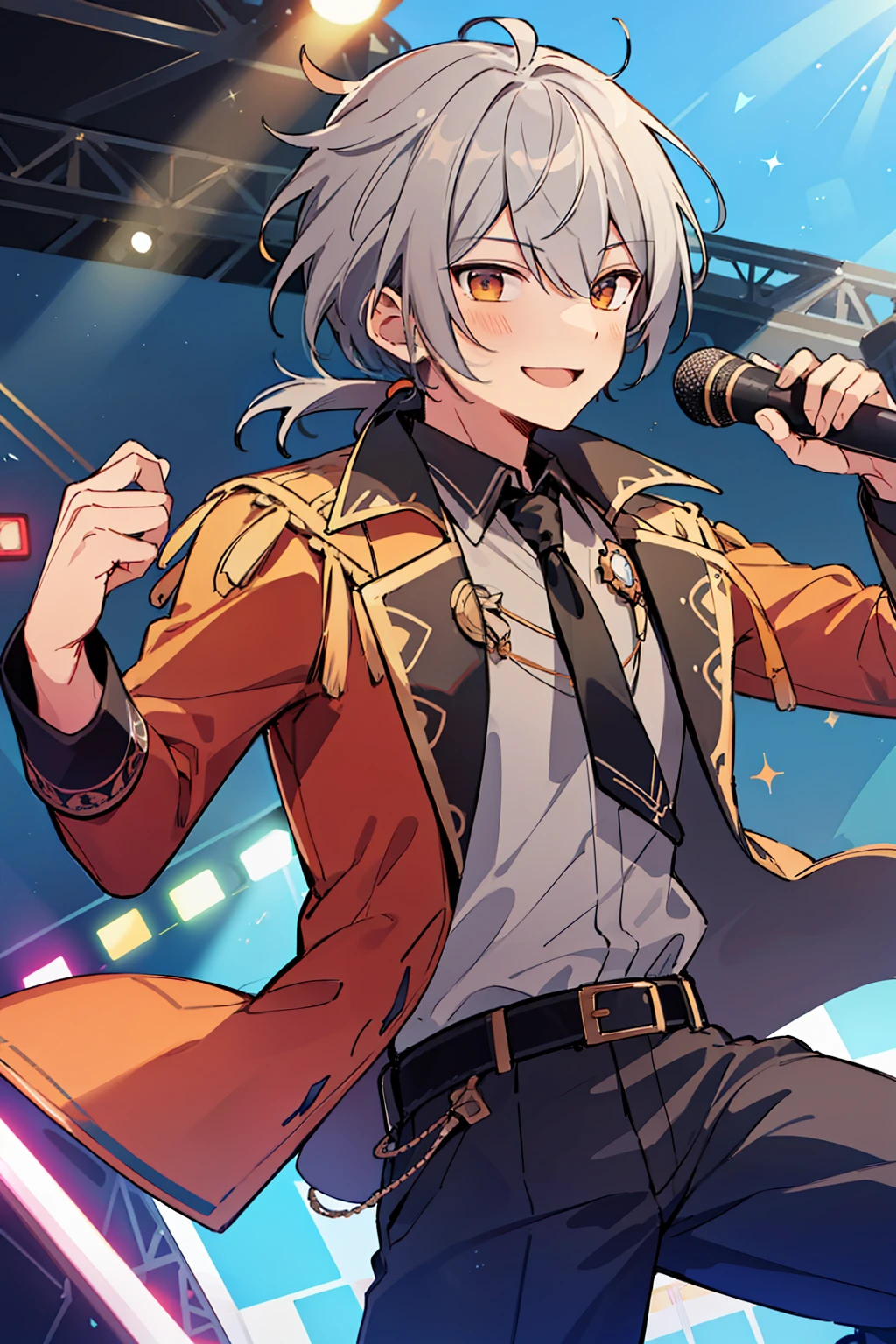 (high-quality, breathtaking),(expressive eyes, perfect face), 1boy, male, solo, short, young boy, grey hair with low ponytail, orange eyes, smile, idol outfit, on stage, blue sky