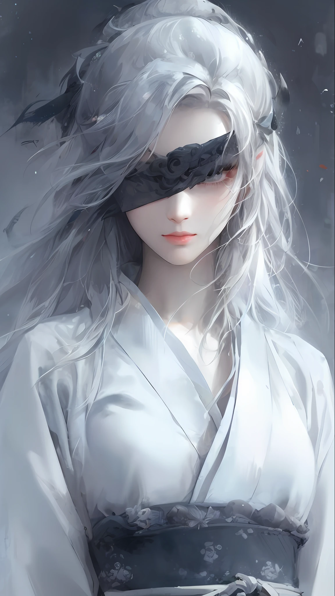 a close up of a woman with white hair and a white mask, beautiful character painting, guweiz, artwork in the style of guweiz, white haired deity, by Yang J, epic exquisite character art, stunning character art, by Fan Qi, by Wuzhun Shifan, guweiz on pixiv artstation,large breasts,no eye patch,