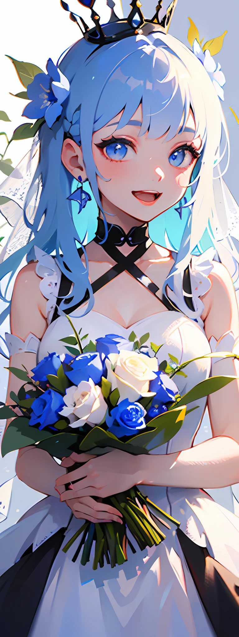 ( ✌:1.5) 1girl, flower, bouquet, white hair, blue flower, hair ornament, blue eyes, dress, solo, rose, smile, long hair, blue rose, holding bouquet, white dress, holding, looking at viewer, butterfly, open mouth, multicolored hair, bug, gradient hair, sleeveless, blush, crown, white background, very long hair, blue hair, :d, virtual youtuber, bangs, hair flower, bare shoulders, earrings, hairclip, jewelry, sleeveless dress, simple background, choker, veil, ribbon, mini crown ,torino aqua,ski style