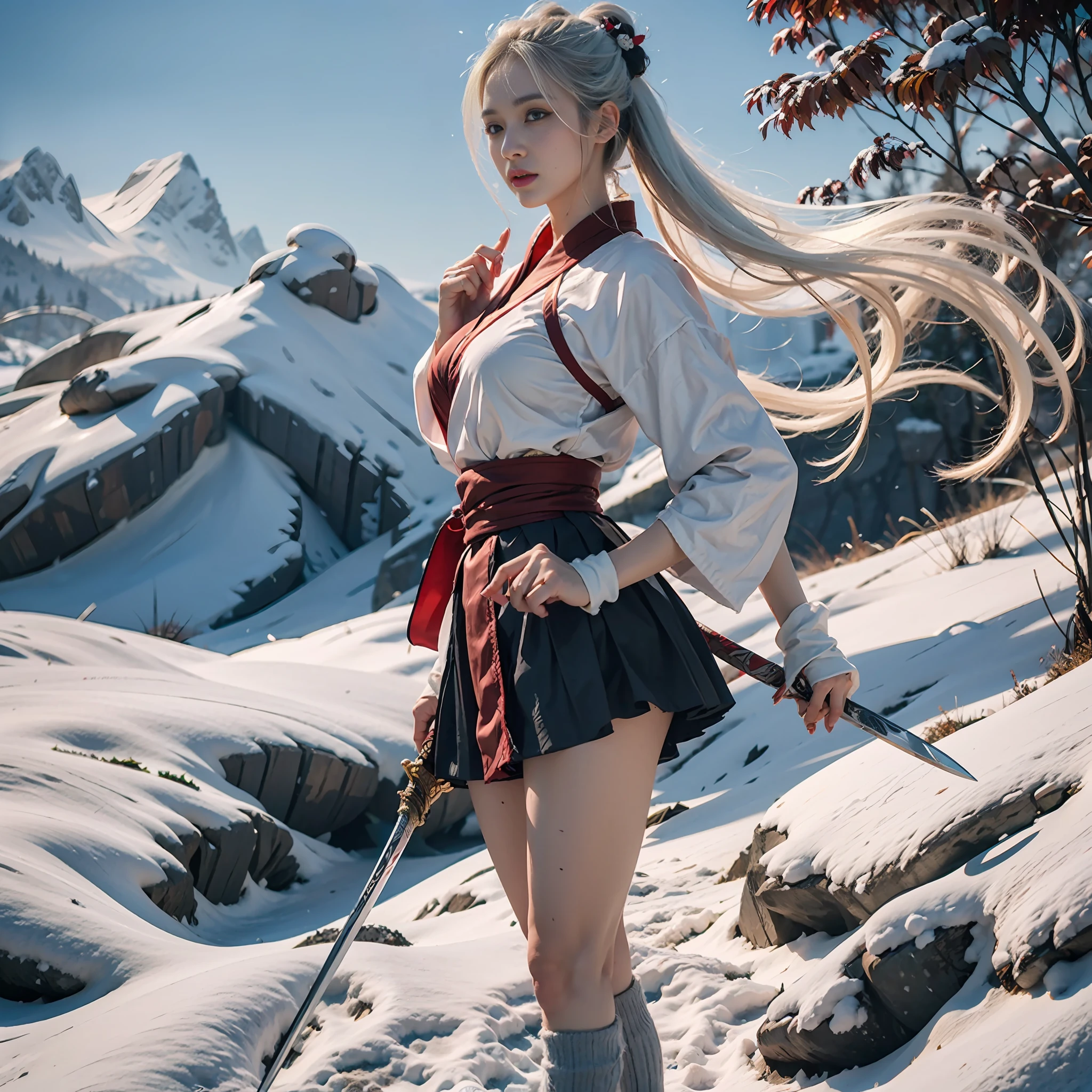 8K， super detailing， anatomicaly correct，Fighting posture， A long sword in his hand，Atmospheric light， super detailing， ultra high def， masterpaintings，On the outside，snowy mountain background，wintern，flocos de neve，On the snow，dynamic view，Full body like，scowling， rape face， big tit，White hair， disheveled hair， kanzashi， Bloodshot eyes，lightand shade contrast，  from from side， Hanfu，A short skirt，Don Dao，Eyes full of details，Optimal proportions of four fingers and one thumb