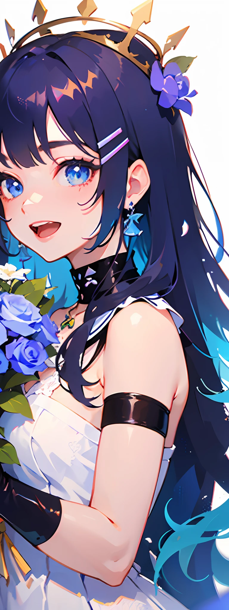 ( ✌:1.5) 1girl, flower, bouquet, white hair, blue flower, hair ornament, blue eyes, dress, solo, rose, smile, long hair, blue rose, holding bouquet, white dress, holding, looking at viewer, erfly, open mouth, multicolored hair, bug, gradient hair, sleeveless, blush, crown, white background, very long hair, blue hair, :d, virtual youtuber, bangs, hair flower, bare shoulders, earrings, hairclip, jewelry, sleeveless dress, simple background, choker, veil, ribbon, mini crown ,torino aqua,ski style