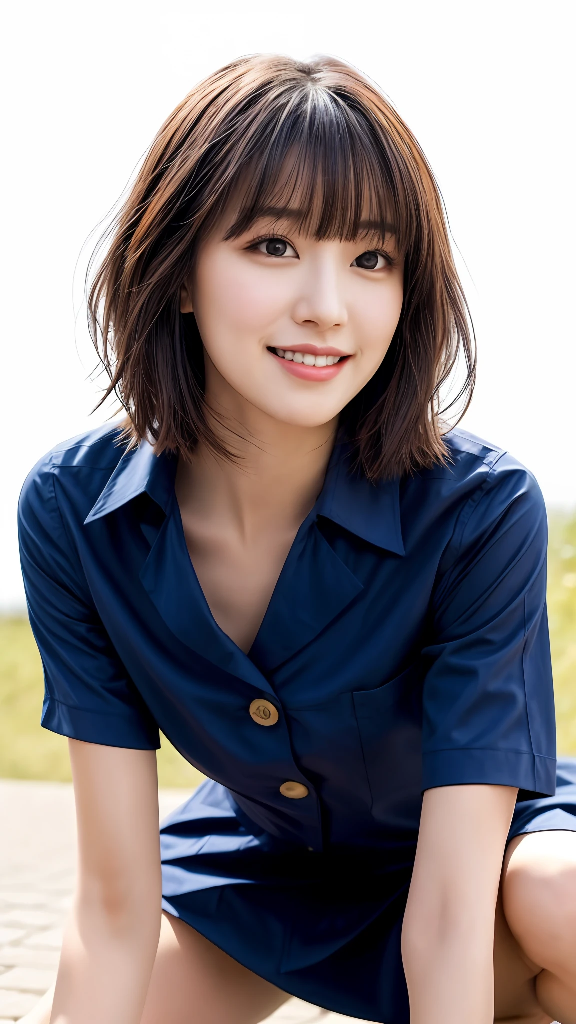 Pee (incontinence: 1.47), fashion trendy beautiful and attractive woman, gentle and attractive Chinese beautiful woman, Korean (kpop idol), delicate and sexy collarbone, attractive oval face, double eyelids, smart [peach] flower eyes, pink lips, small nose, bare shoulders, focus on face, [[face close-up], ultra high definition, super detail, White off-shoulder lace shirt, (((white lace panties), fresh and impressive, natural (large: 1.25), (kneel on the ground), (legs wide open), (legs spread), (from a low angle), (upright 1.5), (shiny skin: 1.4), (low angle)), perfect figure, areola, cleavage, armpit wrinkles, (floor urine)), (NSFW: 1.05), ( Showpiece, top quality, high precision)), one girl, (big, photorealistic: 1.4), (slightly above the camera, looking up at the camera, looking up, looking up at the camera, staring at the camera))), solo, solo, white background, snow-white background, mouth closed, happy smile, pretty black hair, short hair, big eyes, pronounced double eyelids, eyelashes, ears out, long neck, long neck, Absolute area, ((close-up of face, short hair with bangs)), 19 years old, attractive proportions, shiny skin, clean collarbone, golden ratio face, perfect face, teardrop mole, chest mole, bangs, clean bangs, beautiful bangs, lip gloss, thin lips, white skin, undressed, big breasts, small face, staring at the camera a little upwards, ((smiling a little at the camera, really nothing pure white background, very big, big big, big breasts)), ((((uniform, shirt))))