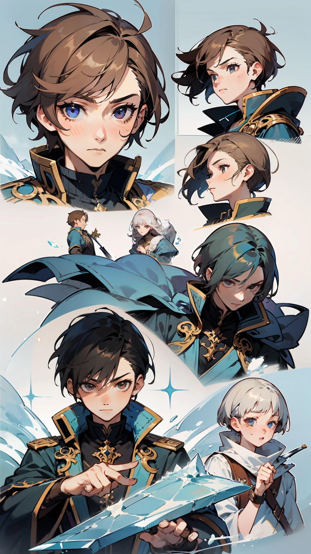 (1boy), rpg game character artwork, Akihiko yoshida + krenz cushart, final fantasy, brown short messy hair, wearing a fantasy regal attire, cape, sword master, facing the camera, with Icy sword in his hand, cyro sword master, pile of ice around him, snow, aggresive sword fighting style, snow mountain, intricate character, design with ornate details, fantasy-realism, expressive face and body language, Delicate linework and shading techniques, elegance sophistication character portrayal --ar 16:9 --style expressive