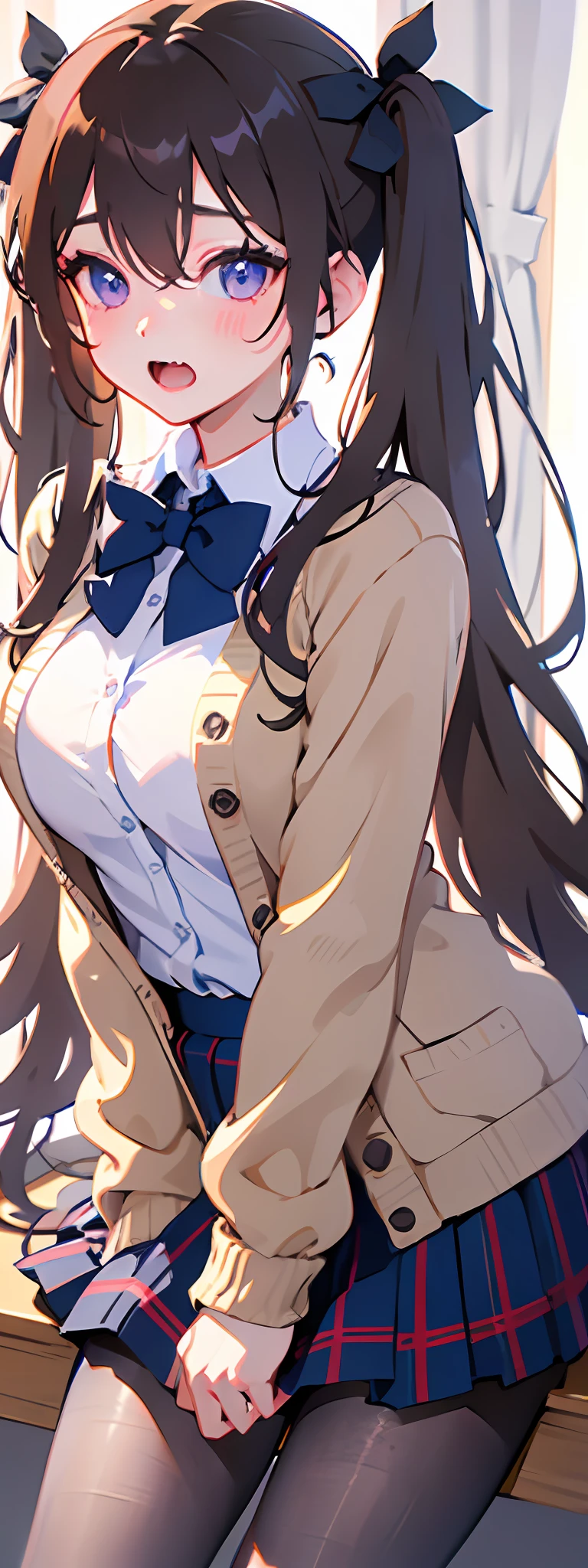 1girl, skirt, purple eyes, plaid, pantyhose, shirt, blush, long hair, twintails, plaid skirt, bow, solo focus, brown hair, collared shirt, white shirt, school uniform, bangs, hair between eyes, cardigan, pleated skirt, 1boy, blue bow, long sleeves, open mouth, low twintails, indoors, brown cardigan, fang, very long hair, plaid bow, grey skirt, bowtie, curtains, cheek pinching, breasts, sleeves past wrists, blonde hair