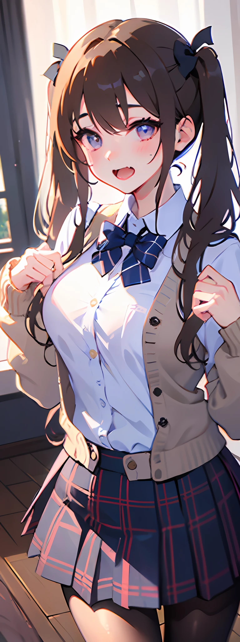 1girl, skirt, purple eyes, plaid, pantyhose, shirt, blush, long hair, twintails, plaid skirt, bow, solo focus, brown hair, collared shirt, white shirt, school uniform, bangs, hair between eyes, cardigan, pleated skirt, 1boy, blue bow, long sleeves, open mouth, low twintails, indoors, brown cardigan, fang, very long hair, plaid bow, grey skirt, bowtie, curtains, cheek pinching, breasts, sleeves past wrists, blonde hair