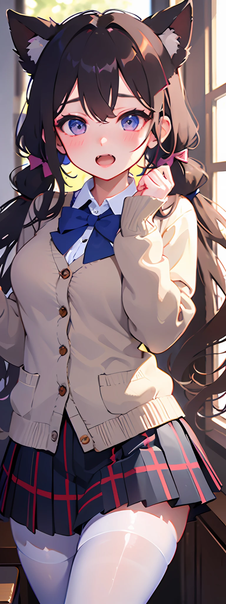 1girl, skirt, purple eyes, plaid, pantyhose, shirt, blush, long hair, twintails, plaid skirt, bow, solo focus, brown hair, collared shirt, white shirt, school uniform, bangs, hair between eyes, cardigan, pleated skirt, 1boy, blue bow, long sleeves, open mouth, low twintails, indoors, brown cardigan, fang, very long hair, plaid bow, grey skirt, bowtie, curtains, cheek pinching, breasts, sleeves past wrists, blonde hair