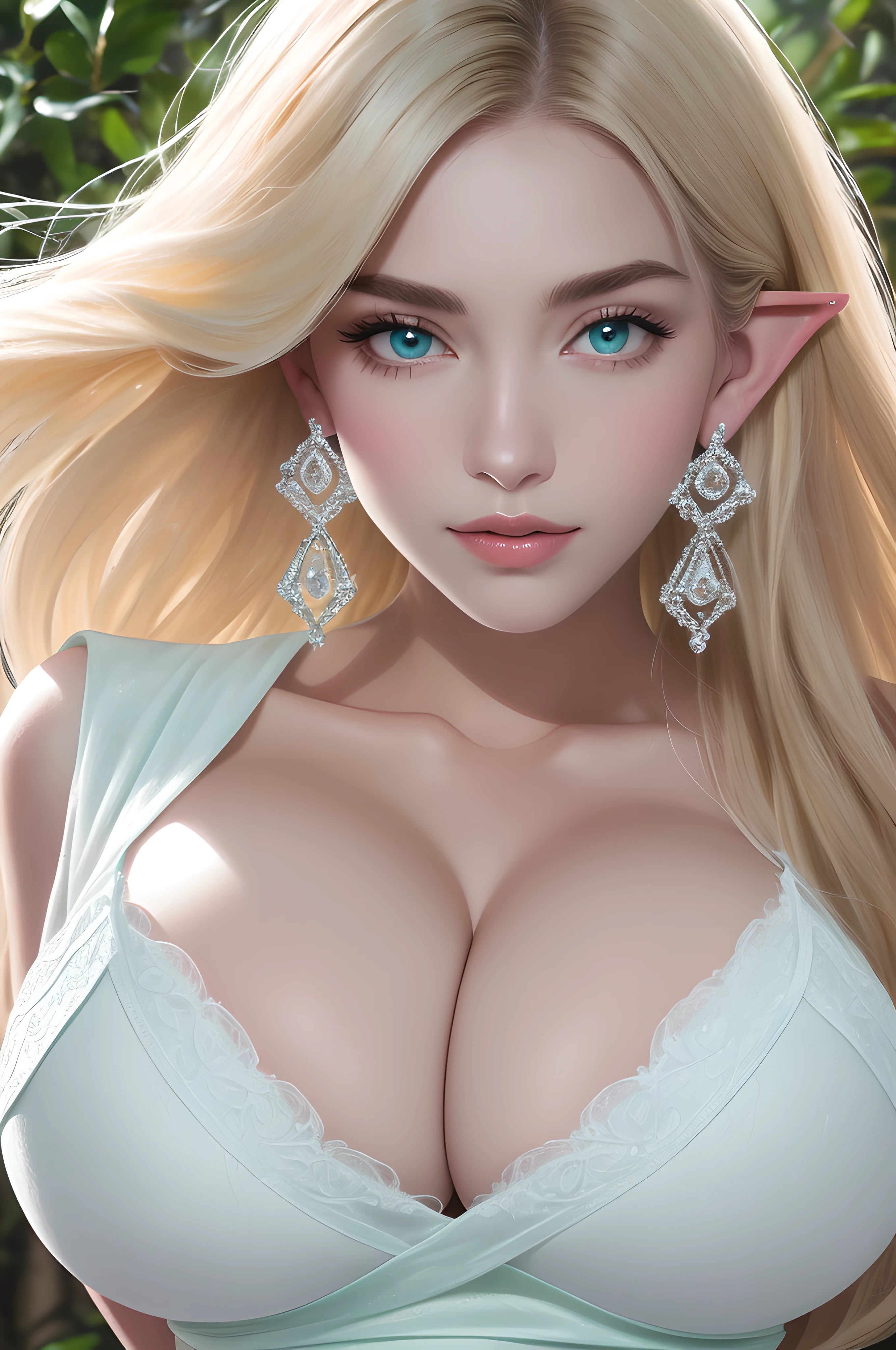 (Ultra Quality,Unparalleled Masterpiece:1.4)Ultra-Detailed CG,4K(Ultra-Detailed Clear Absurdly-Vivid Mint Big Eyes:1.2)Gorgeous Round Detailed Face(Voluptuous:1.4)Elf(Gigantic Breasts:1.8)(Voluminous Long Blonde Hair: 1.4)ADULT(Bangs, Sidelocks:1.2)Seductive(intricately detailed white dress:1.3)(Zelda)(Celestine Lucullus: 1.2)(Solo:1.4)(1Girl: 0.5)(Facing Viewer:1.2)(arms behind back:1.4)(Cowboy Shot:1.2)(from above:1.1),Skindentation(Curvaceous:1.4)(Curvy:1.4)(Bimbo: 1.4)(Normal Waist: 1.2)(Thick Lips: 1.3)small-nose(light smile: 1.2)Rocks,Trees, Plants,Bush,(long Pointy Ears:1.3)((gigantomastia))((macromastia))(((ridiculously large breasts)))(((((enormous breast)))))(absurdly huge breasts:1.5)sagging breasts,venusbody