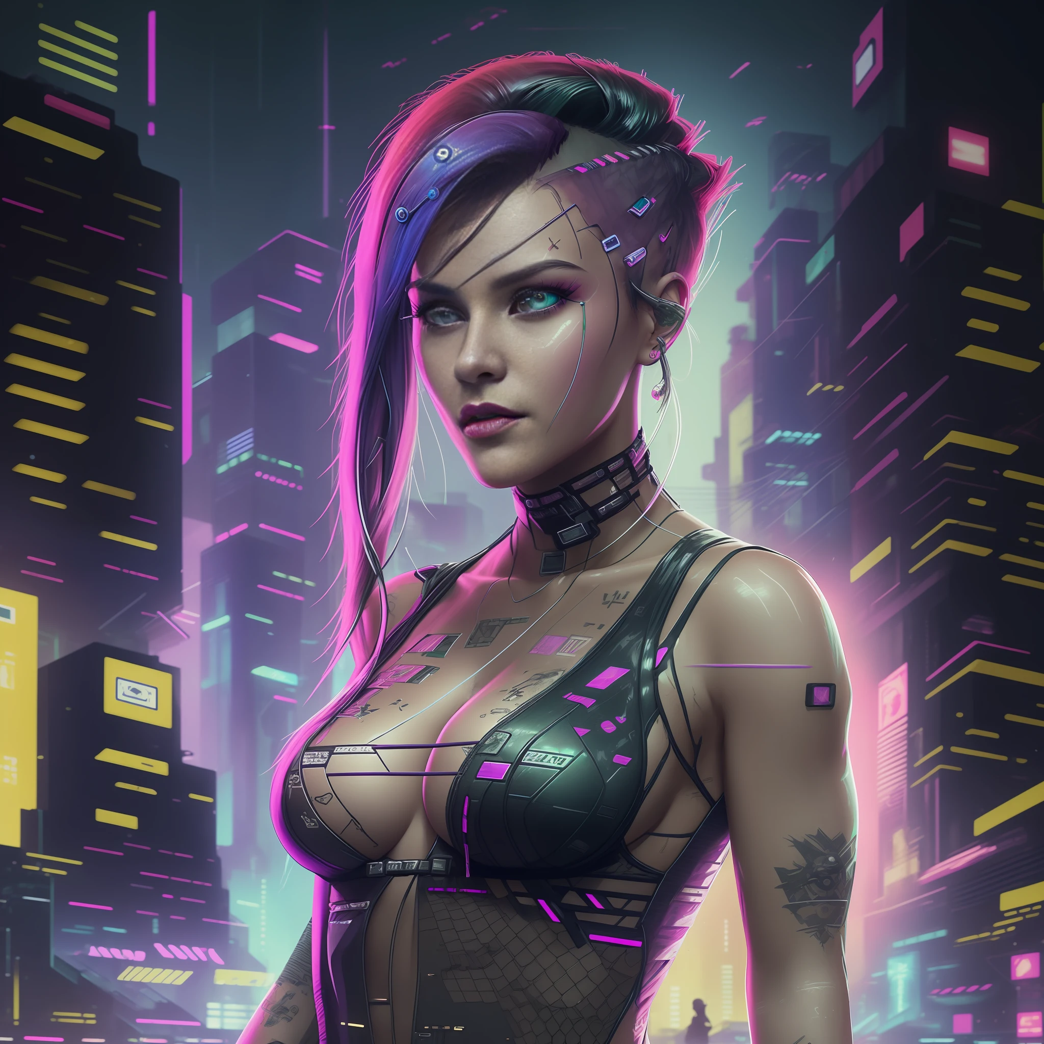 "(((cyberpunk))), (((((mexican))))) ethnicity, (19-year-old girl), (dark violet lipstick), (multicolored hair), (native american race), (light dark skin:1.1), (olive skin:0.9)"