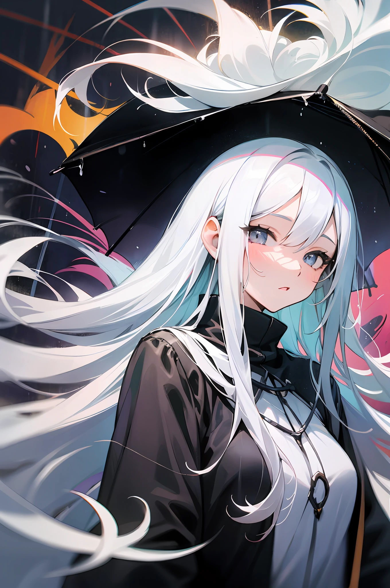 (巨作) Poster Street Style Black and White Style Performance Rainy Day Wetland Showing a girl with long white hair walking at night with shiny eyes and rich hair details