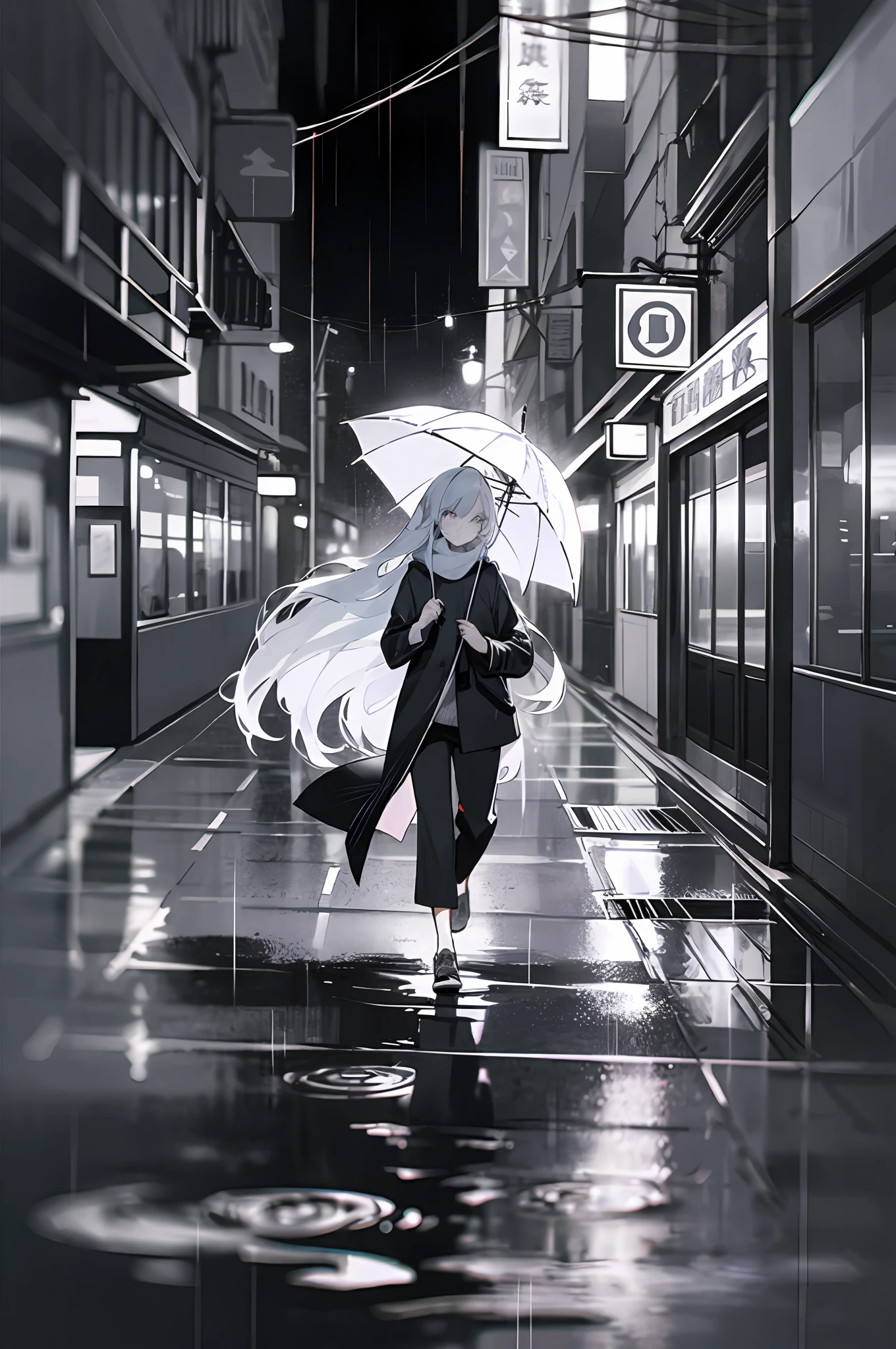 (巨作) Poster Street Style Black and White Style Performance Rainy Day Wetland Showing a girl with long white hair walking at night with shiny eyes and rich hair details