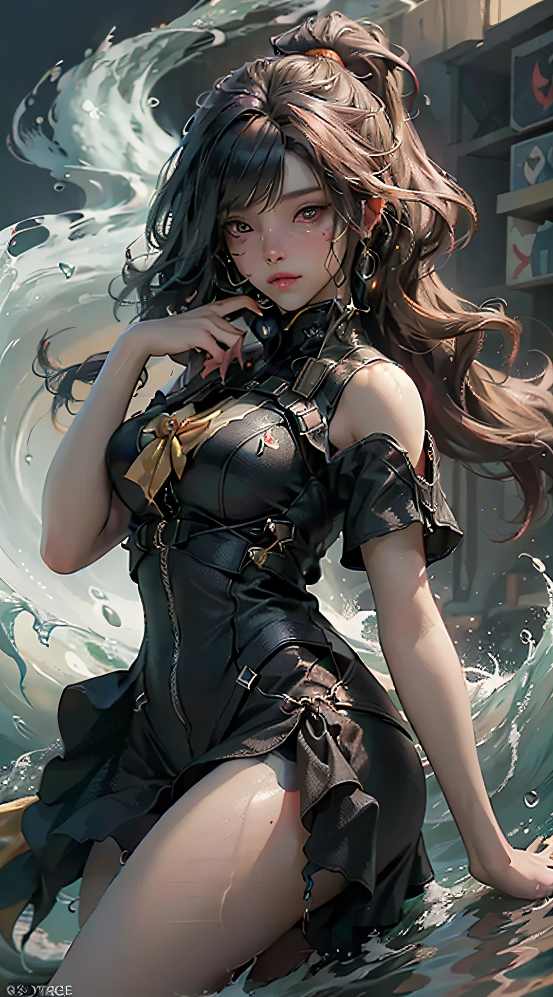 ((Best quality)), ((masterpiece)), (detailed:1.4), 3D, an image of a beautiful cyberpunk female,HDR (High Dynamic Range),Ray Tracing,NVIDIA RTX,Super-Resolution,Unreal 5,Subsurface scattering,PBR Texturing,Post-processing,Anisotropic Filtering,Depth-of-field,Maximum clarity and sharpness,Multi-layered textures,Albedo and Specular maps,Surface shading,Accurate simulation of light-material interaction,Perfect proportions,Octane Render,Two-tone lighting,Wide aperture,Low ISO,White balance,Rule of thirds,8K RAW,Masterpiece, best quality, (8k very detailed CG unit wallpaper) (best quality), (best illustration), (best shading) a golden sea wave, bright orange aol sunset through the wave, golden water drops flying, (:1. 6),