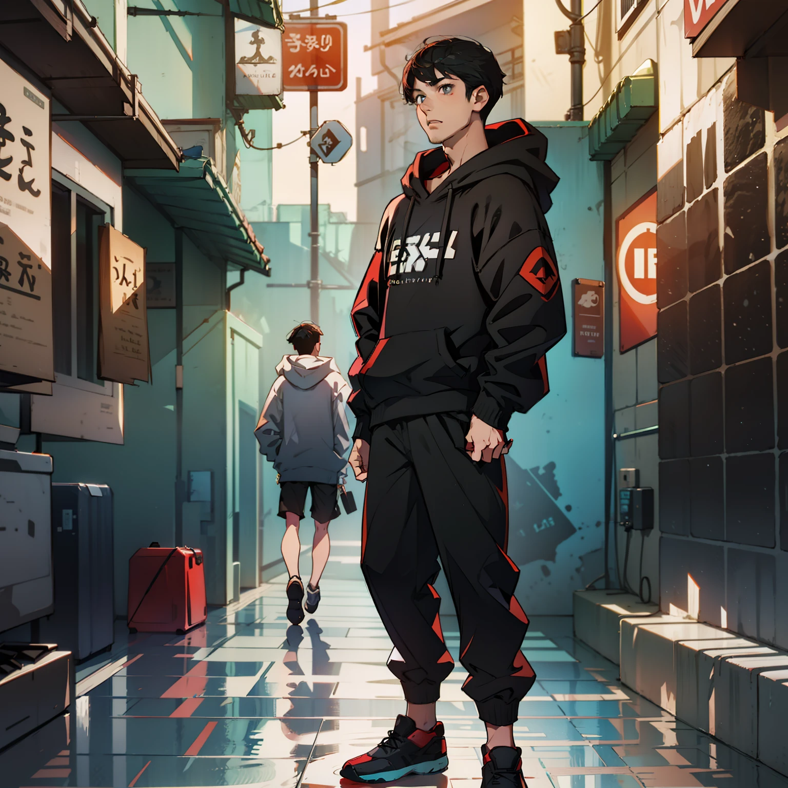 Black hair, wiry, young man, tall, black hoodie, full-length figure,