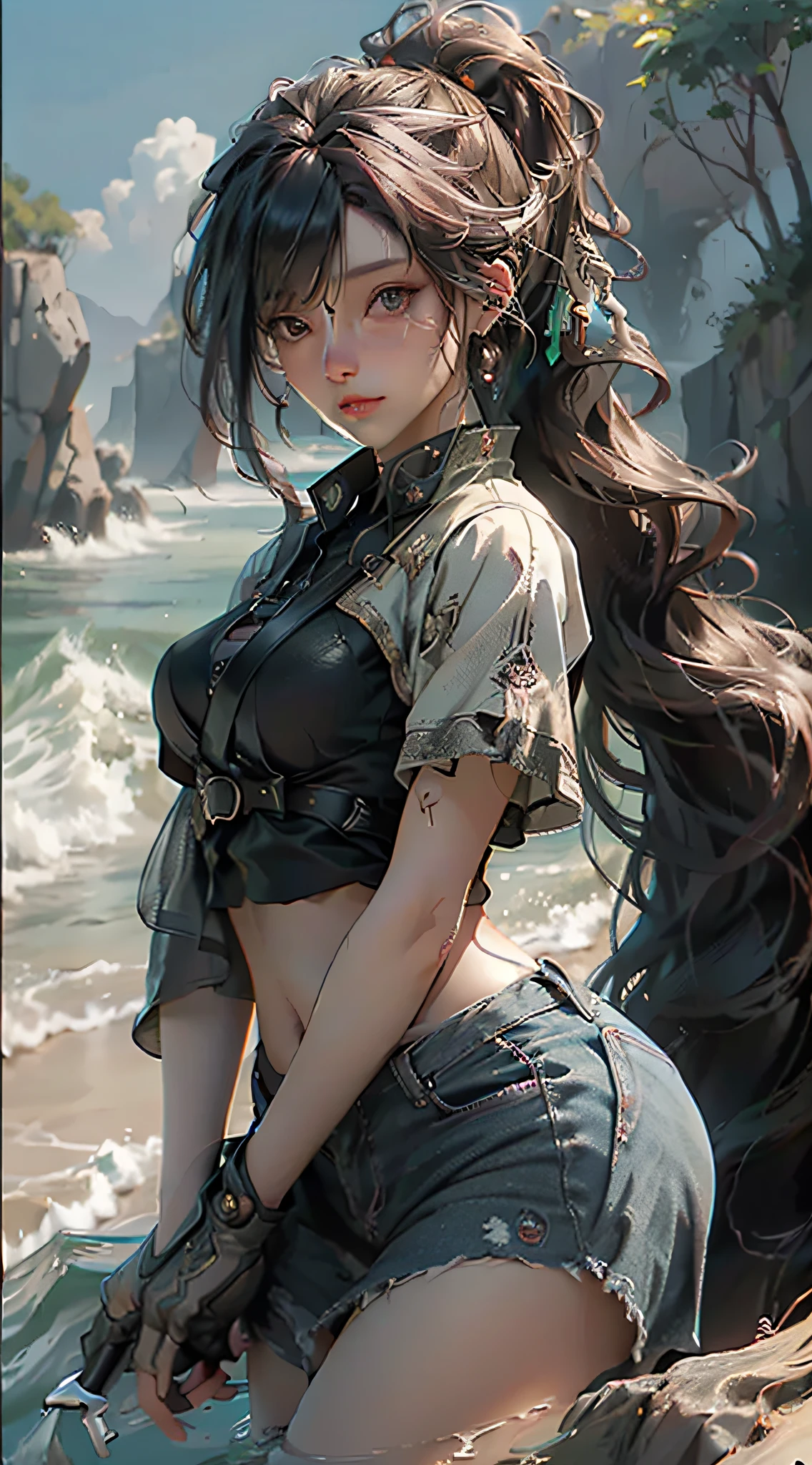 ((Best quality)), ((masterpiece)), (detailed:1.4), 3D, an image of a beautiful cyberpunk female,HDR (High Dynamic Range),Ray Tracing,NVIDIA RTX,Super-Resolution,Unreal 5,Subsurface scattering,PBR Texturing,Post-processing,Anisotropic Filtering,Depth-of-field,Maximum clarity and sharpness,Multi-layered textures,Albedo and Specular maps,Surface shading,Accurate simulation of light-material interaction,Perfect proportions,Octane Render,Two-tone lighting,Wide aperture,Low ISO,White balance,Rule of thirds,8K RAW,Masterpiece, best quality, (8k very detailed CG unit wallpaper) (best quality), (best illustration), (best shading) a golden sea wave, bright orange aol sunset through the wave, golden water drops flying, (:1. 6),