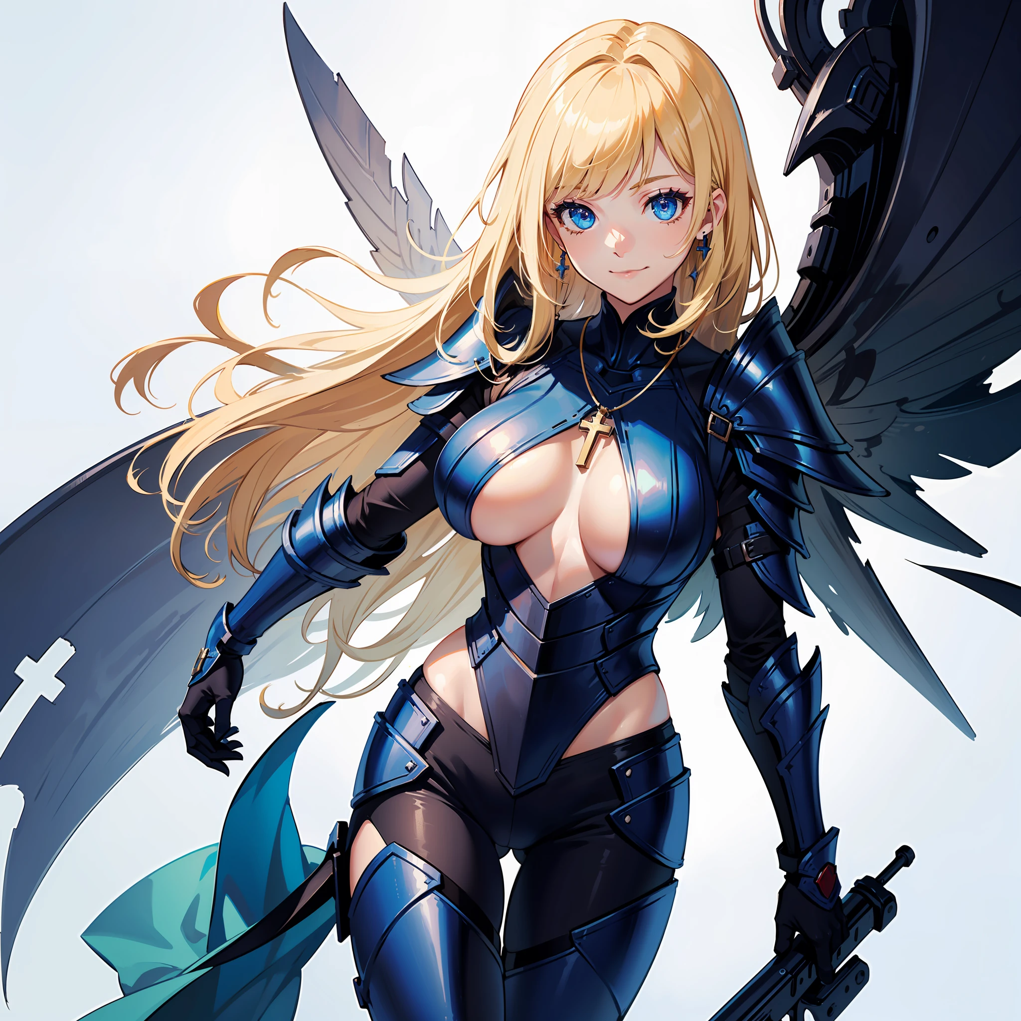 (colorful:1.1),(masterpiece:1.2),best quality, masterpiece,beautiful detailed eyes,(white background),(simple background),
cowboy shot,1girl, solo, blonde hair, blue eyes, cross necklace, (full armor:1.2), large ,(underboob cutout:1.1),smile, closed mouth, looking at viewer,
black gloves, hip armor,leg armor,