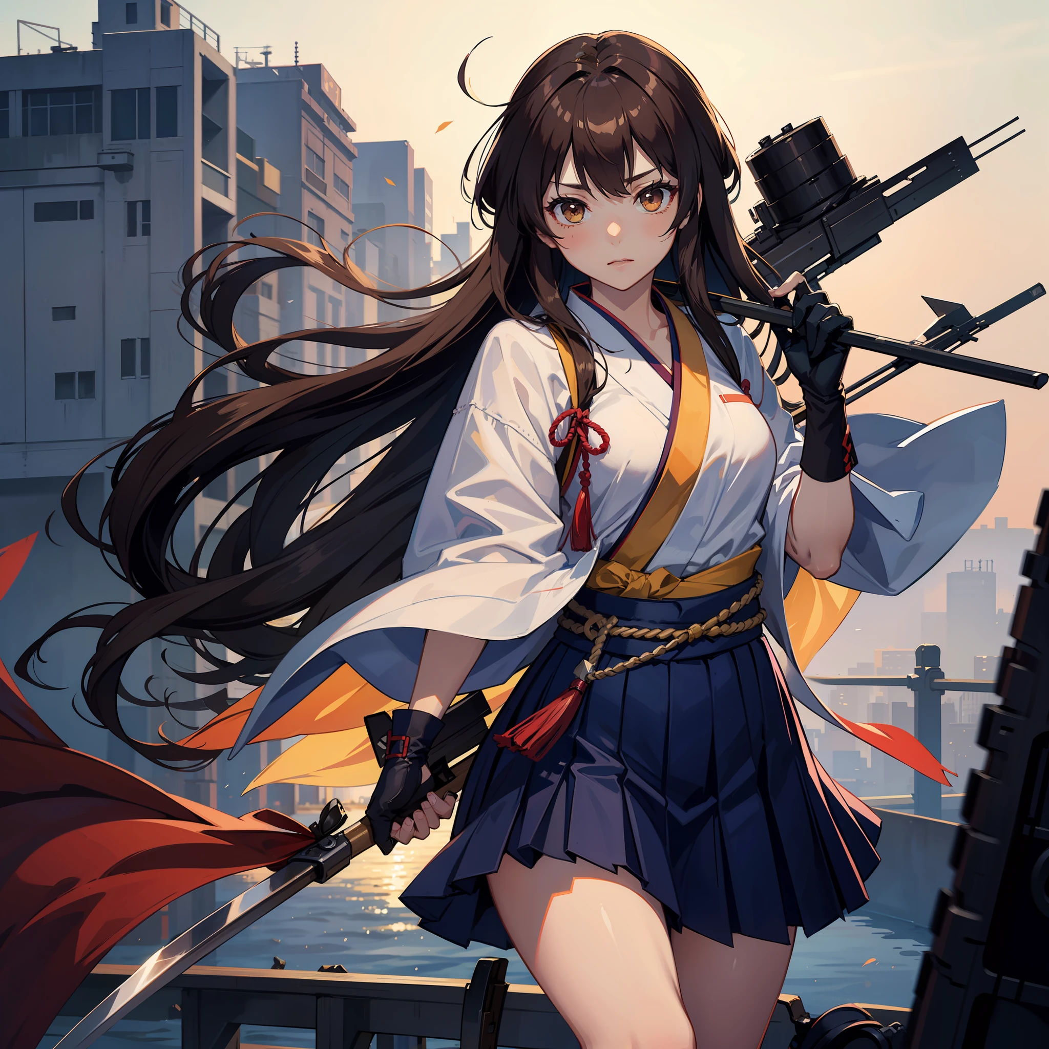 bow_\(weapon\), japanese_clothes, weapon, 1girl, muneate, akagi_\(kancolle\), partially_fingerless_gloves, hakama, hakama_skirt, arrow_\(projectile\), skirt, long_hair, tasuki, hakama_short_skirt, single_glove, yugake, solo, brown_hair, gloves, holding_weapon, holding_bow_\(weapon\), brown_eyes, kyuudou, kimono, gradient_background, flight_deck