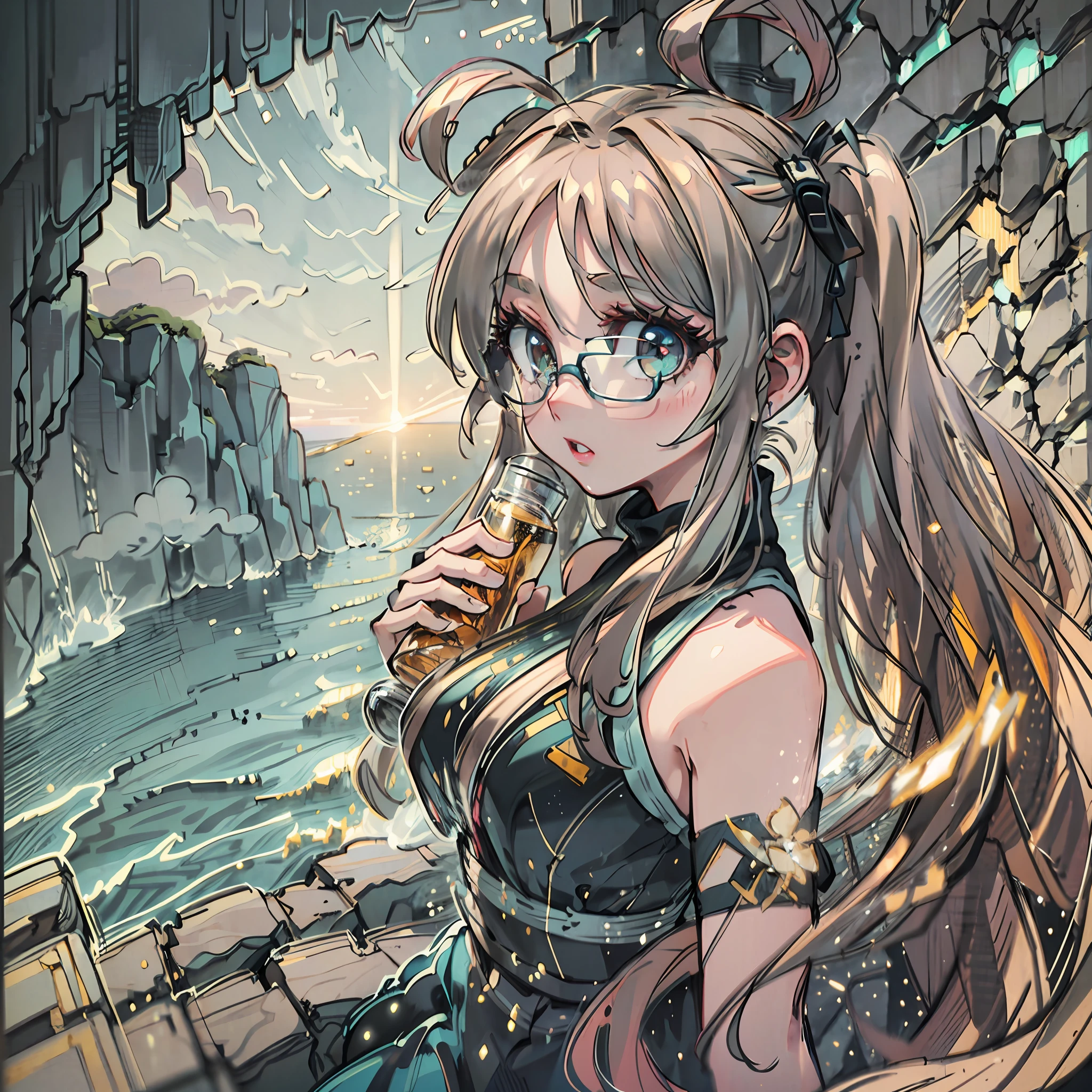 (award winning 64k concept art:1.3) of (young woman looking at the sea from the cliff:1.3), close to camera, sweet, front, epic, (masterpiece:1.4), (best quality:1.4), Amazing, beautiful, finely detailed, (Depth of field:1.4), extremely detailed 64k, fine art, stunning, (light reflections:1), (crisp:1.6), twin tails, vibrant, (edge detection:1.4), absurdres, impressive, 120mm, clear, lens flare, wide shot, wide angle, dreamy, colorful