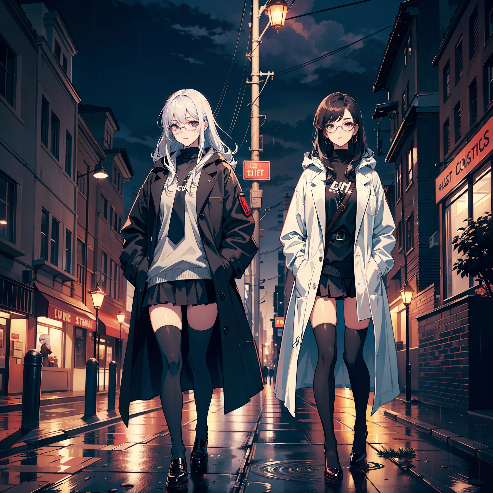 (cover-style:1.3),woman,1girl,Masterpiece,exquisite,exquisite long hair,exquisite makeup,eye shadow,eyeliner,masterpiece,best quality,night city,rain,coat,hands in pockets,lab_coat,glasses,split-color hair,platinum_hair,microskirt,thighhighs_on_one_leg,