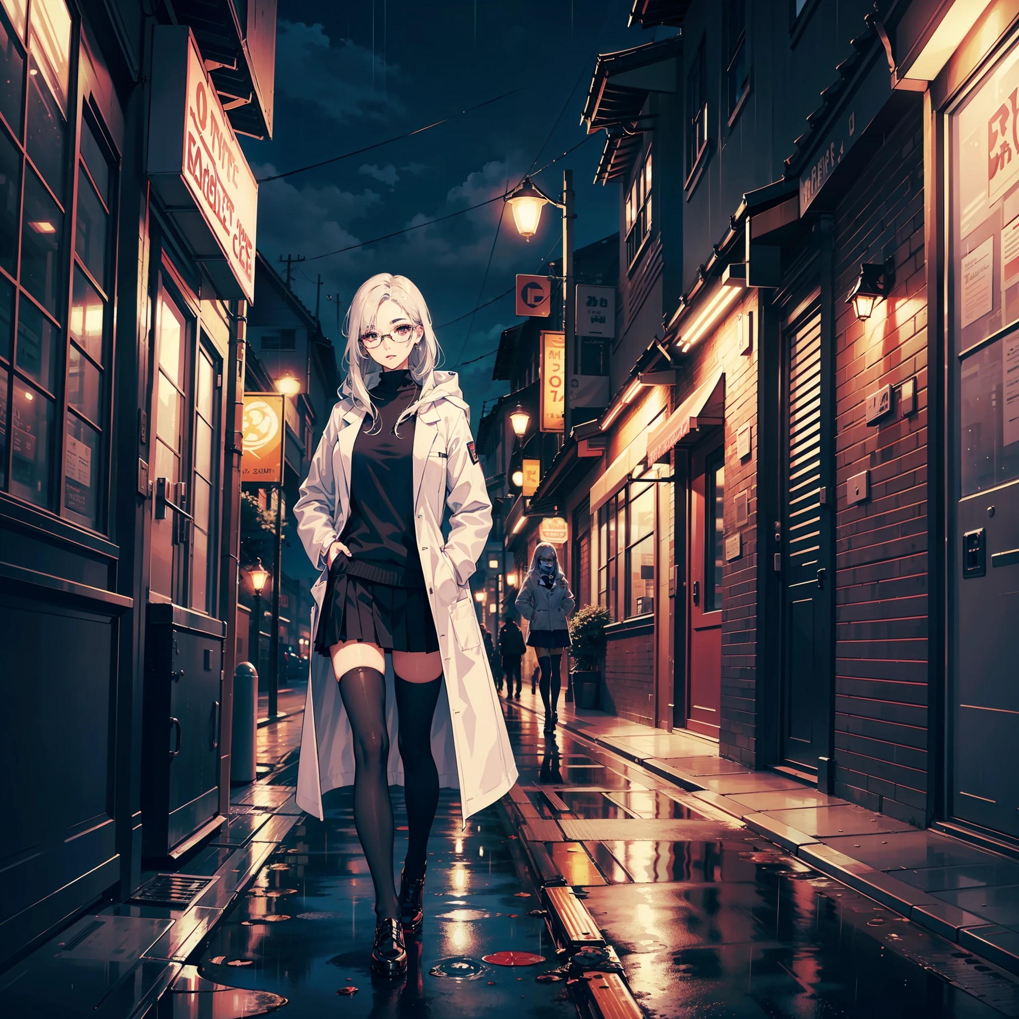 (cover-style:1.3),woman,1girl,Masterpiece,exquisite,exquisite long hair,exquisite makeup,eye shadow,eyeliner,masterpiece,best quality,night city,rain,coat,hands in pockets,lab_coat,glasses,split-color hair,platinum_hair,microskirt,thighhighs_on_one_leg,