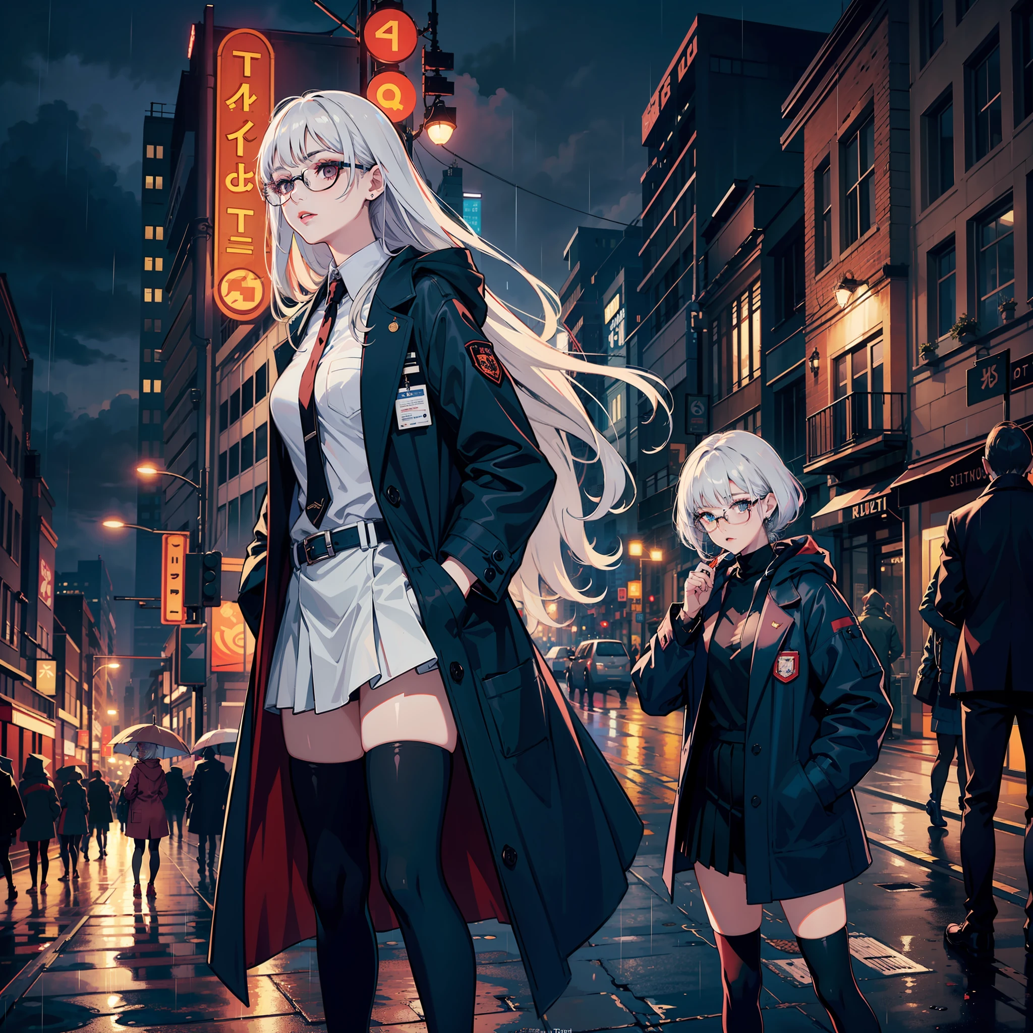 (cover-style:1.3),woman,1girl,Masterpiece,exquisite,exquisite long hair,exquisite makeup,eye shadow,eyeliner,masterpiece,best quality,night city,rain,coat,hands in pockets,lab_coat,glasses,split-color hair,platinum_hair,microskirt,thighhighs_on_one_leg,