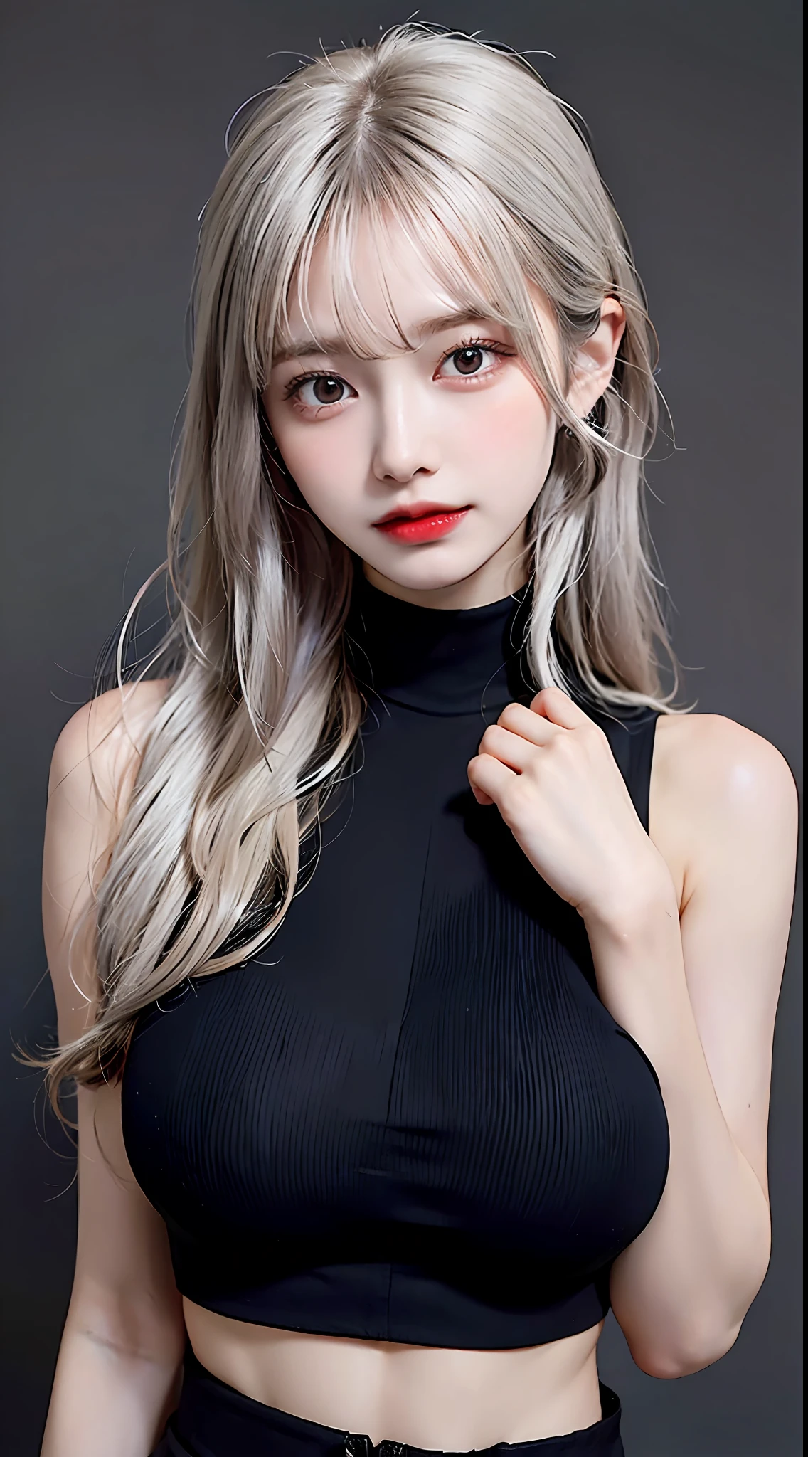 Girls, Bangs, Bare Shoulders, Black Pants, Breasts, Breasts squeezed together, Grey background, Hair between the eyes, Huge breasts, Long hair, View Viewer, Pants, Parted lips, Red eyes, Shirt, Simple background, Sleeveless, Sleeveless shirt, Solo, Turtleneck, V arm, White hair,(Shiny skin),(Masterpiece:1.4),(Best quality:1.4),,Facigirl,Red lips,Perfect abs, belly button, (nipple: 1.5), (sheer areola), nipple, huge, sweat,