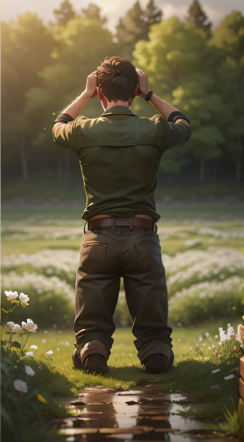 a man of at least 40 years old, kneeling in a field, praying to God, with hands raised, (((back to back))), brown hair, best quality, high quality
