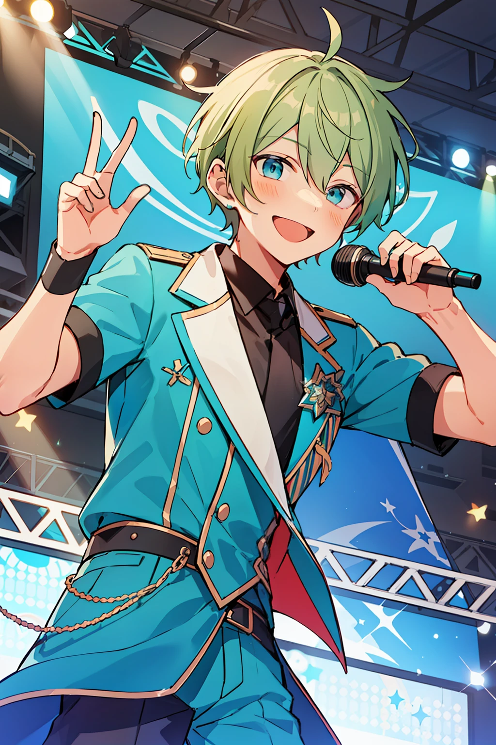 (high-quality, breathtaking),(expressive eyes, perfect face), 1boy, male, solo, short, young boy, short greenish blonde hair, teal eyes, smile, idol outfit, on stage