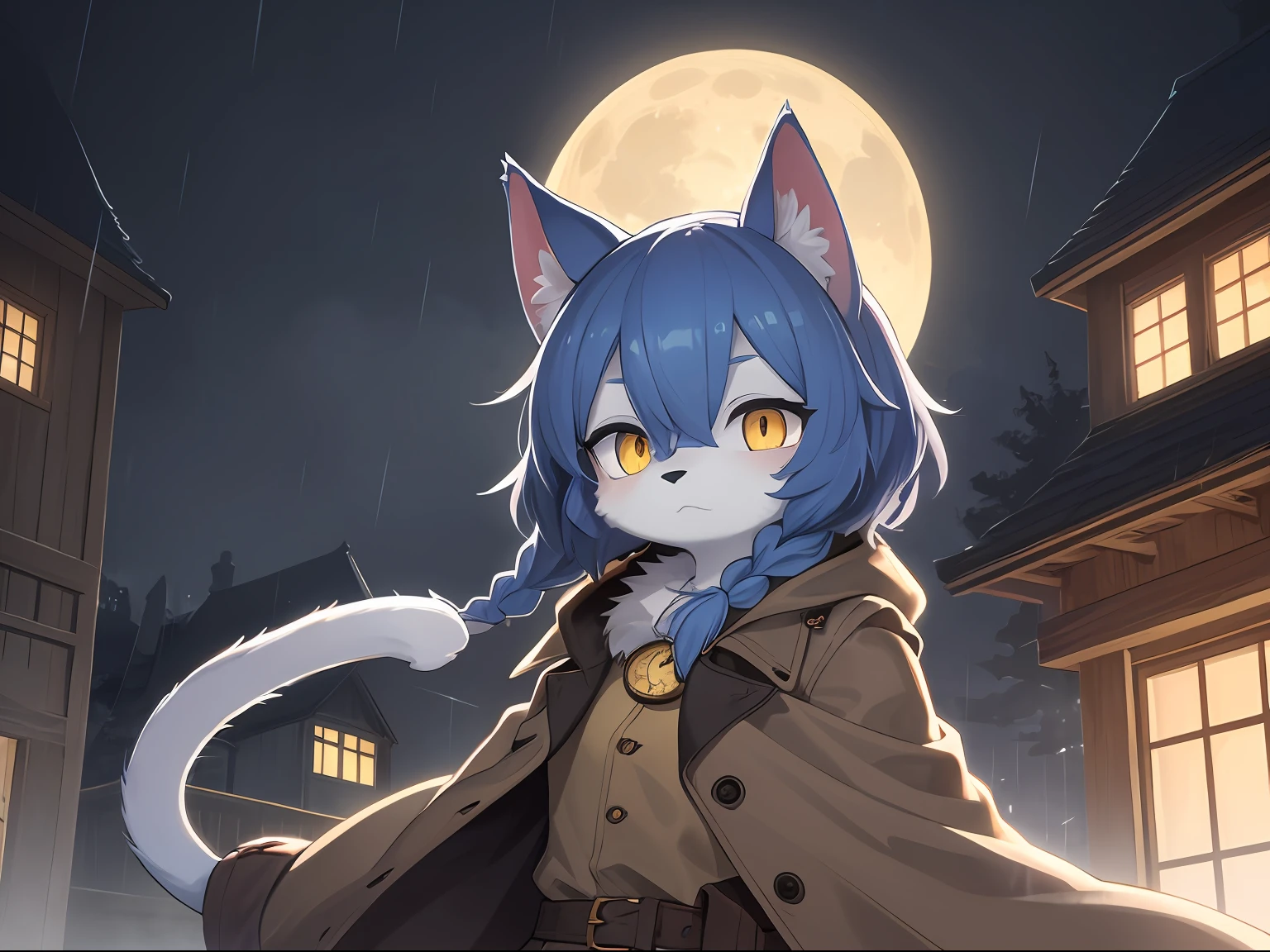 Cat boy,was hairy,shaggy,Skin fur,Smoothes lashes,Indigo fur,Forelimb hands,Short hair in men, Low twin braids' hair is scattered,solid circle eyes,Indigo ears,Indigo fur,Indigo facial fur,Short indigo hair,Hairline, Shiny hair, Wavy hair,Golden eyes,Super cute face,Cat tail,Fluffy tail,furry tail, Expressionless,Glowing eyes,Pocket watch in hand,Brown cape,Brown trench coat,ambientlight,Ultra-fine fur,volumettic light,dashed eyes, bangs, Under the rain,In the rain,Drizzle,Wet with rain,Wet hair,rainy outside,lightand shade contrast, ultra high def, 巨作, High quality, high-details, Best quality,Castle background,Night,full moon,intergalactic,独奏