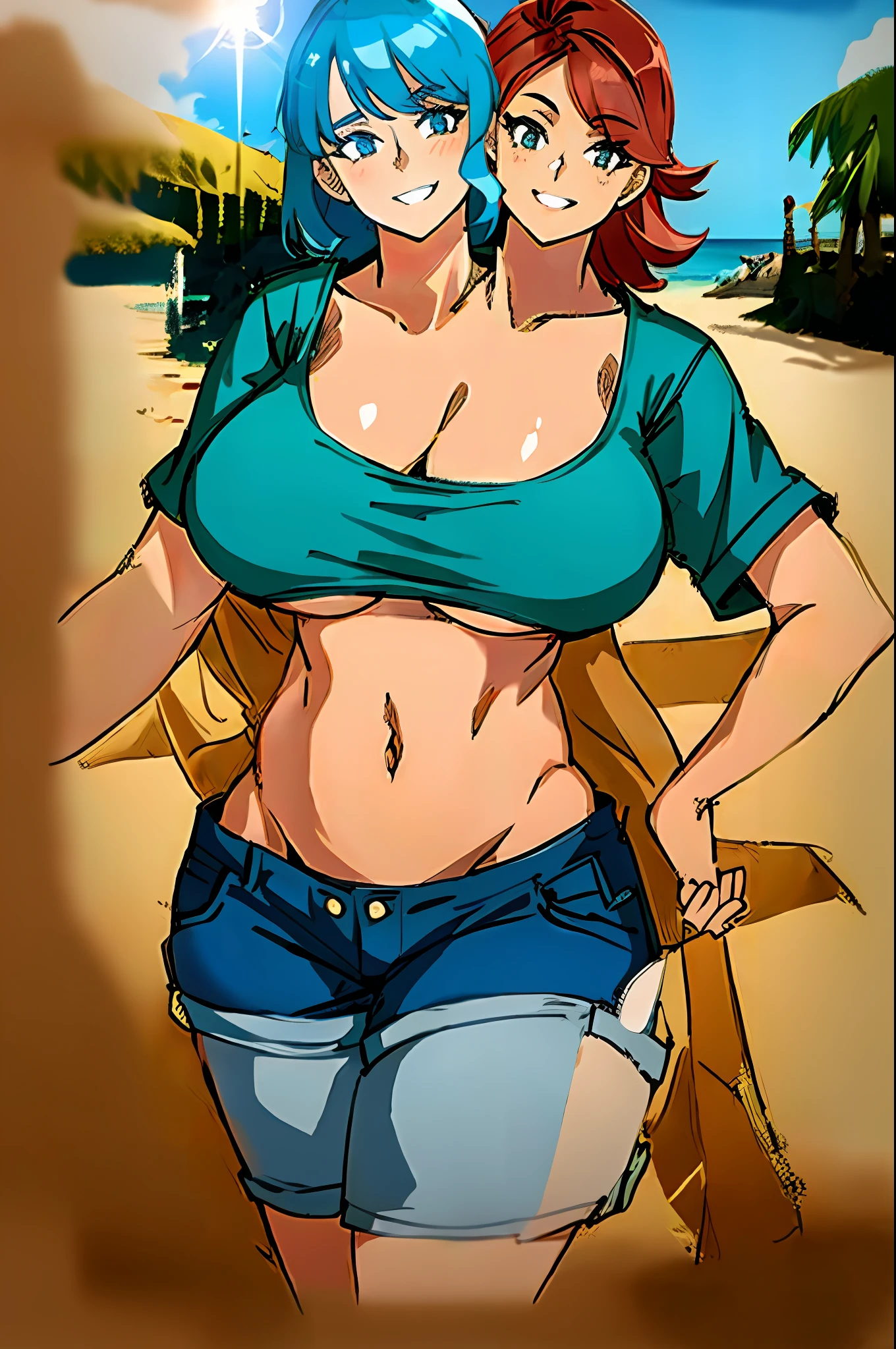 2heads, a short chubby woman with 2 heads. She is on a beach. She has enormous breasts. She is wearing a brightly colored small bikini top. She is wearing jeans shorts. She is smiling wide. She has enormous breasts.