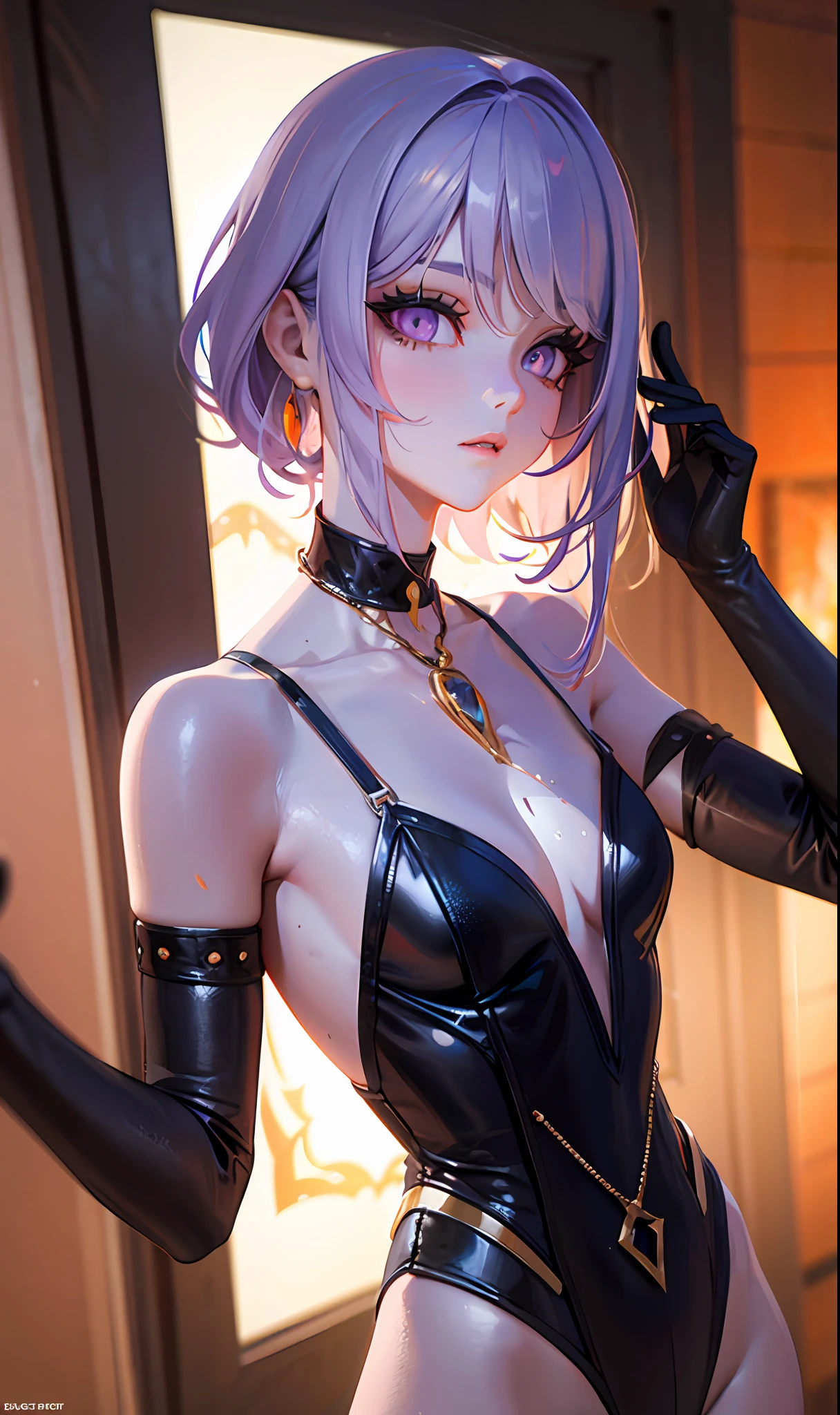 （masterpaintings，Sideslit，Beautiful eyes：1.2），（masterpaintings*sportrait），sportrait，busts，（busts），Lifelike，Anatomical correct，3D脸，luscious skin，（solo），Hair with pick-dye，Gradient hair，（closeup of face），Lovely face，（Fire opal-like purple eyes），Hanging eye corners，（（highdetailedskin，Visible pores）），（Perfect body），A beautiful girl，Cleavage small breasts，（（high leotard）），（neck rings），very short gloves，（chain）